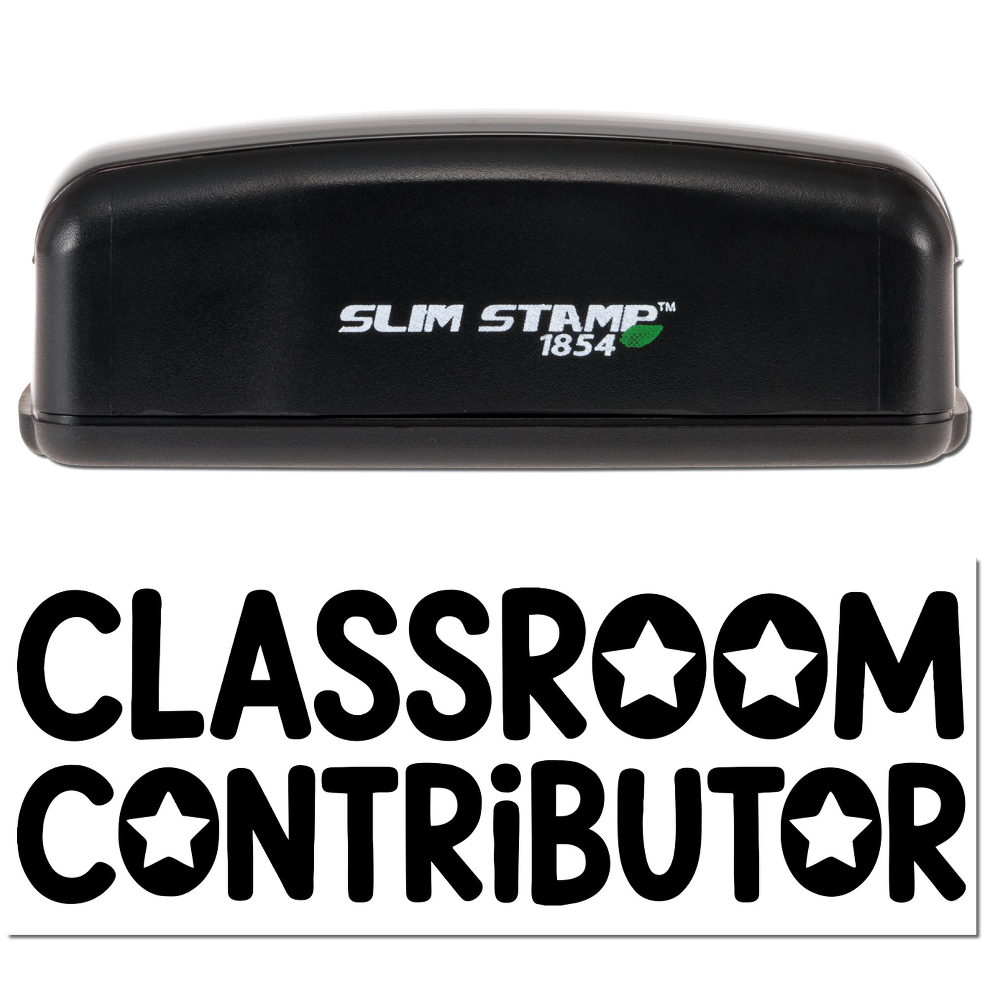 Slim Stamp 1854 self-inking rubber stamp with Classroom Contributor imprint for teacher recognition and classroom awards.