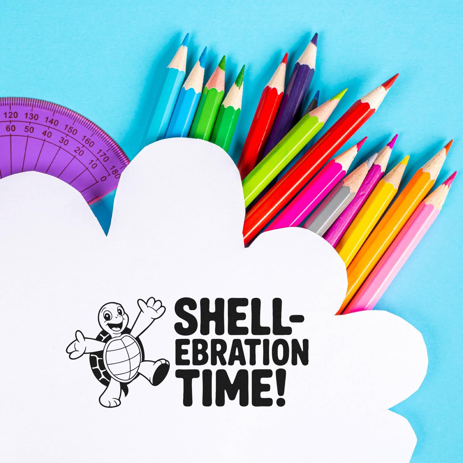 Shell-ebration Time! turtle rubber stamp for classroom crafts, school rewards, and back-to-school projects.