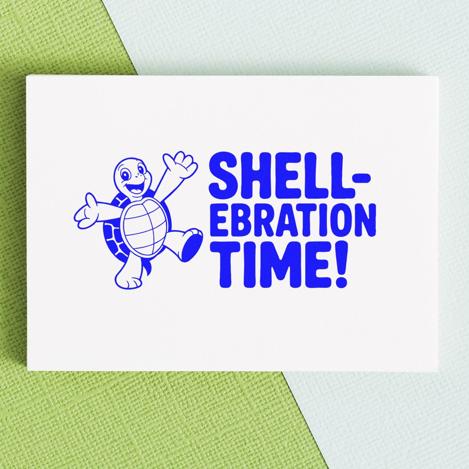 Personalized rubber stamp with turtle and Shell-ebration Time! design for party favors, celebration crafts, and kid events.