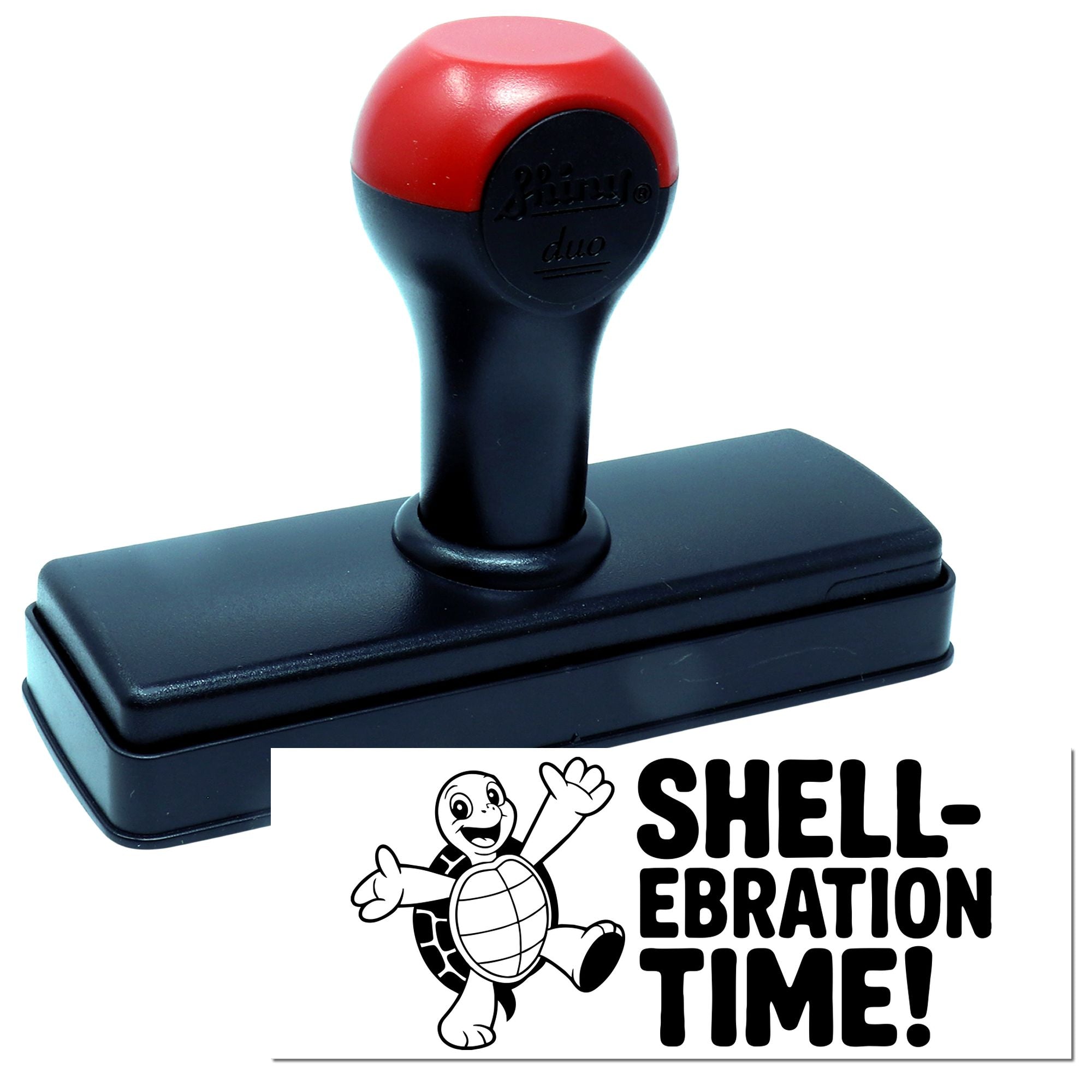 Self-inking rubber stamp with turtle graphic and Shell-ebration Time! slogan for fun celebration messages.