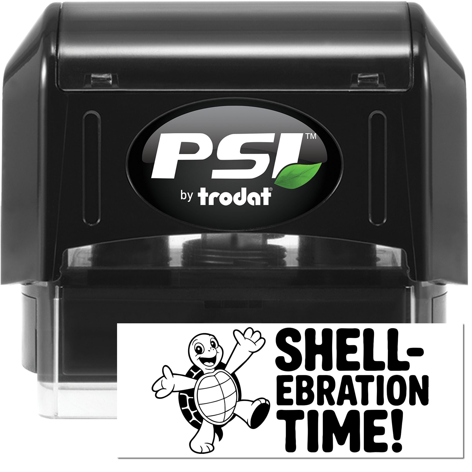 PSI by Trodat self-inking rubber stamp imprint reading Shell-ebration Time! with turtle graphic for fun custom stamping.