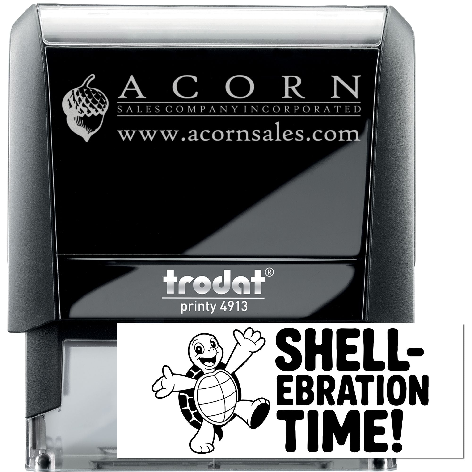 Custom self-inking rubber business stamp, Trodat Printy 4913, with Acorn Sales logo and website imprint.