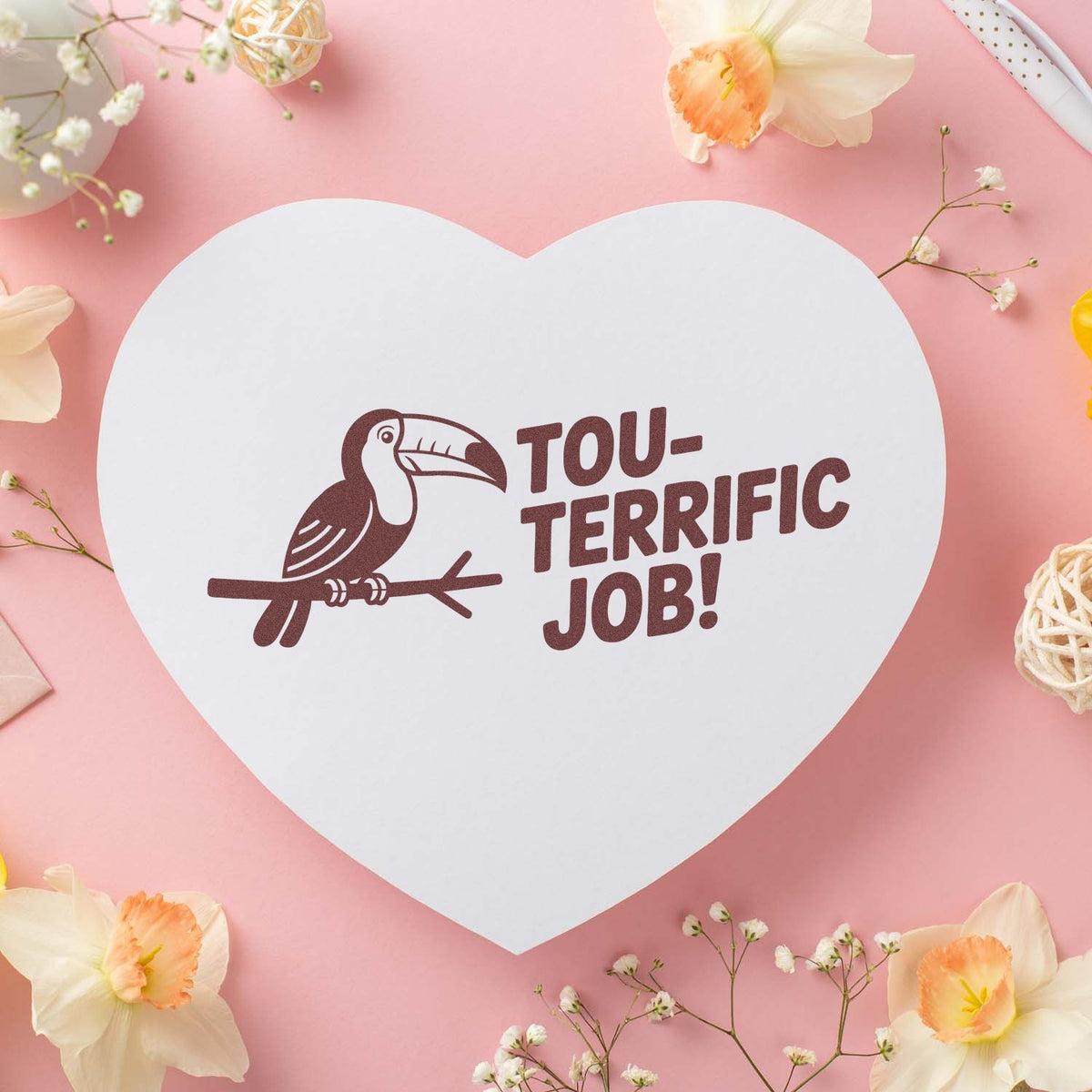 Toucan rubber stamp with Tou-terrific Job! sentiment, perfect for handmade congratulations cards and crafting.