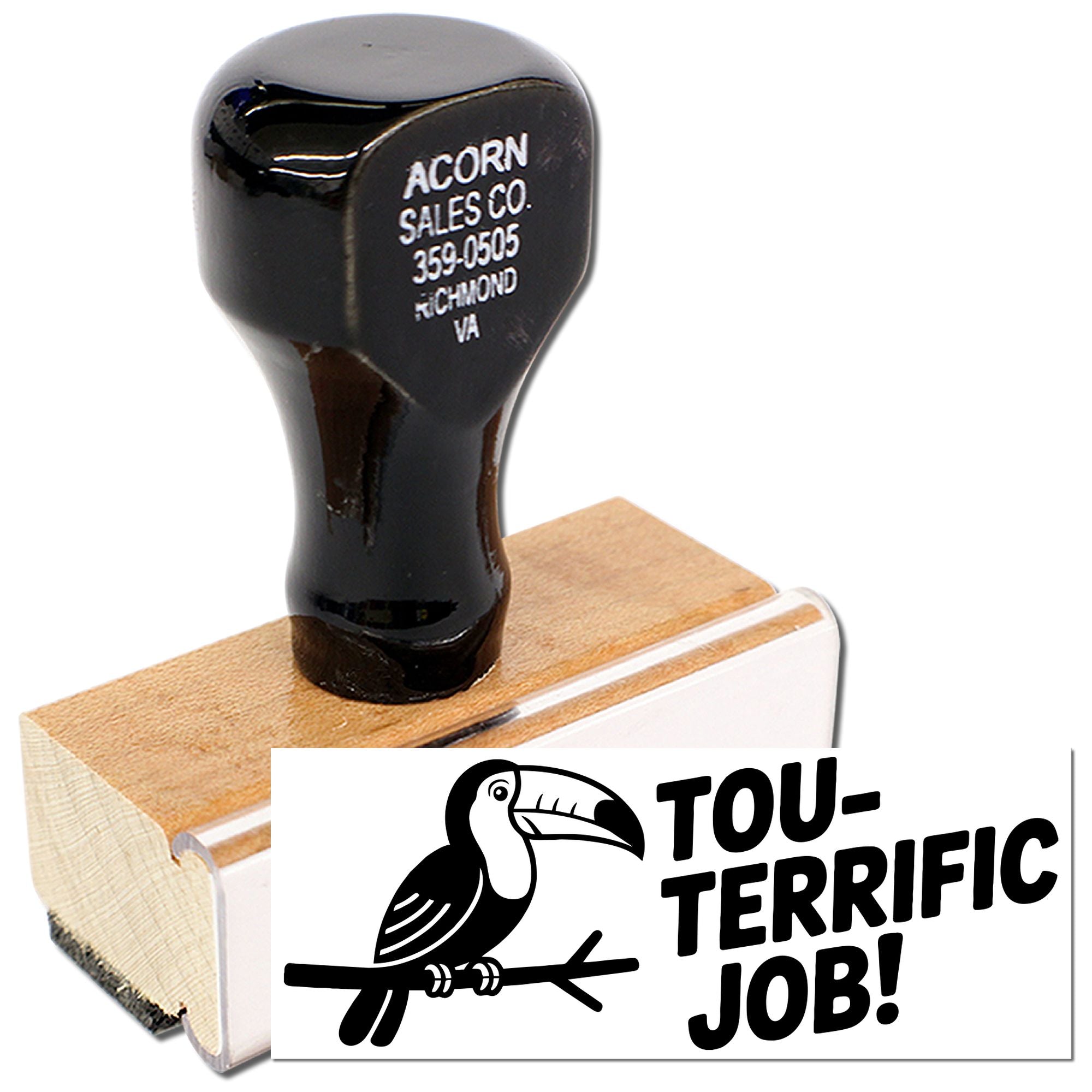 Toucan rubber stamp with Tou-terrific Job! design on wooden handle for custom teacher reward stamping.