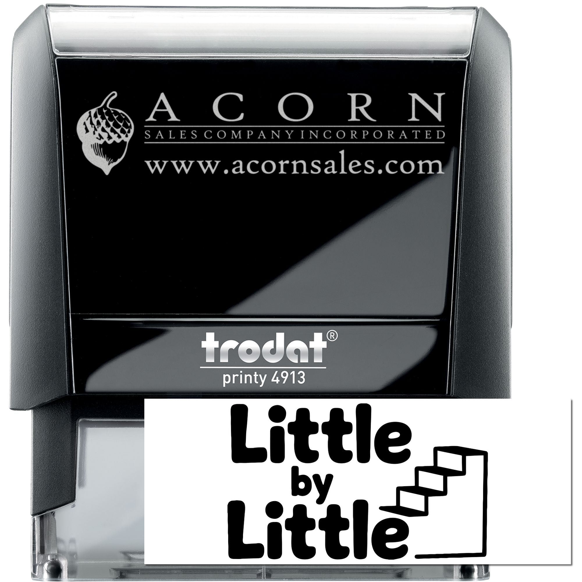 Custom self-inking rubber stamp, Trodat Printy 4913, with Acorn Sales logo and website for business branding.