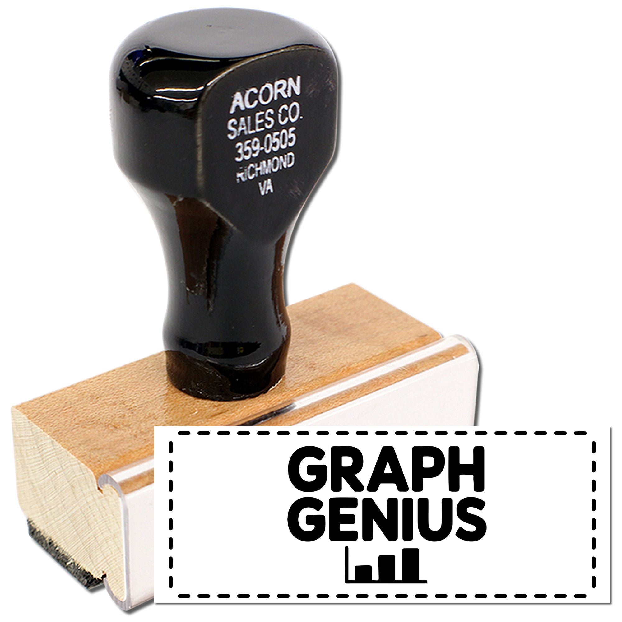 Custom wood logo rubber stamp featuring Graph Genius imprint for business branding.