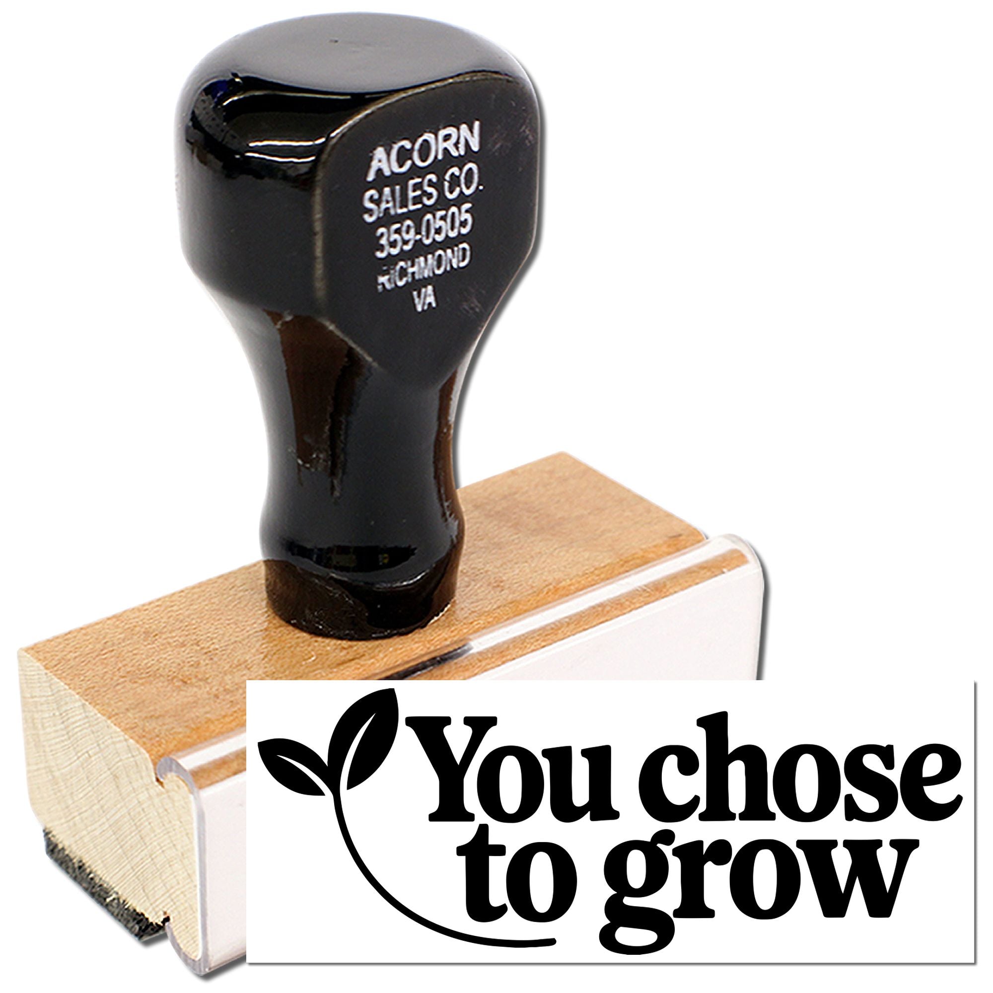 Wood-mounted custom rubber stamp for business branding, featuring a You chose to grow logo design.