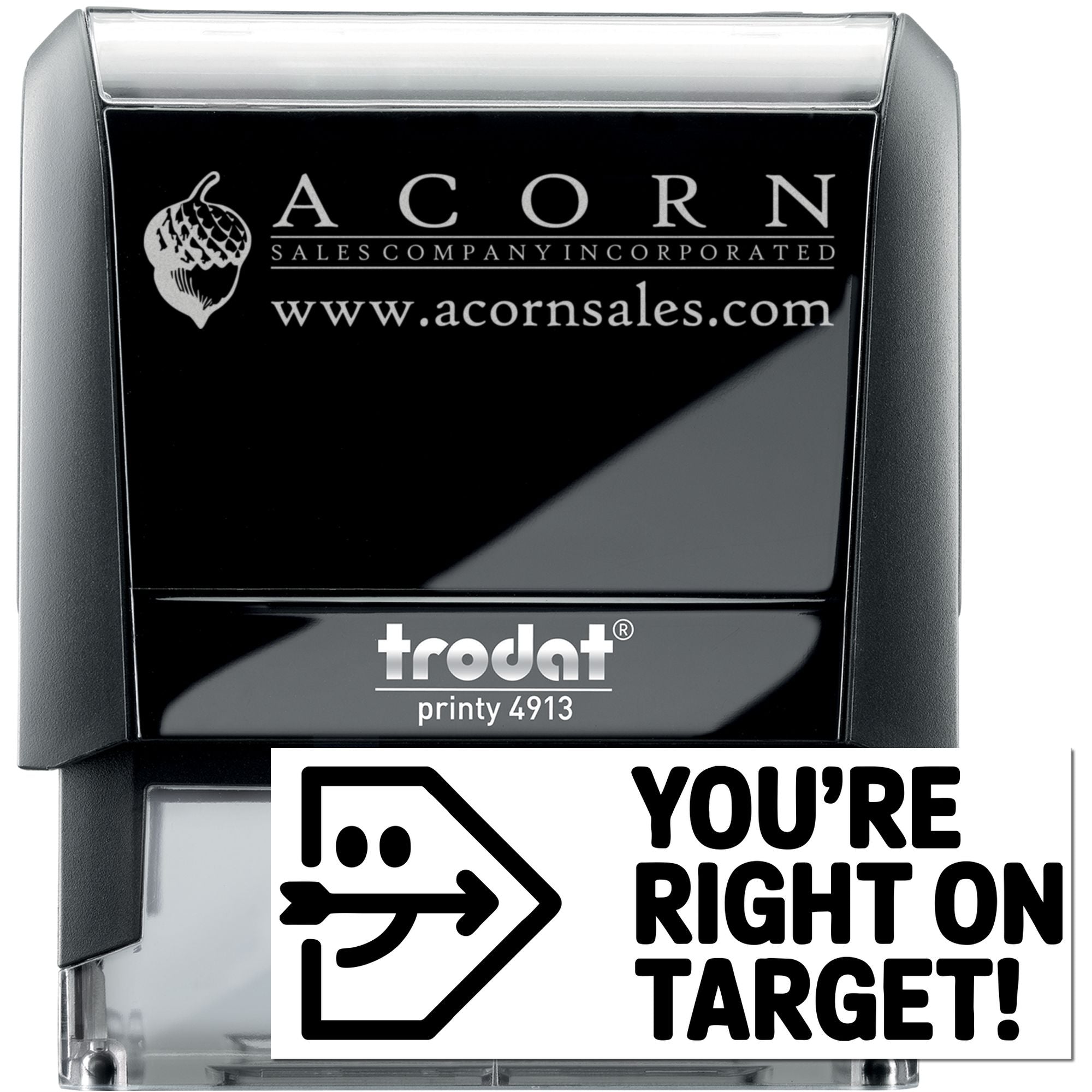 Custom self-inking rubber stamp with Acorn Sales Company logo and website, Trodat Printy 4913 business stamp.