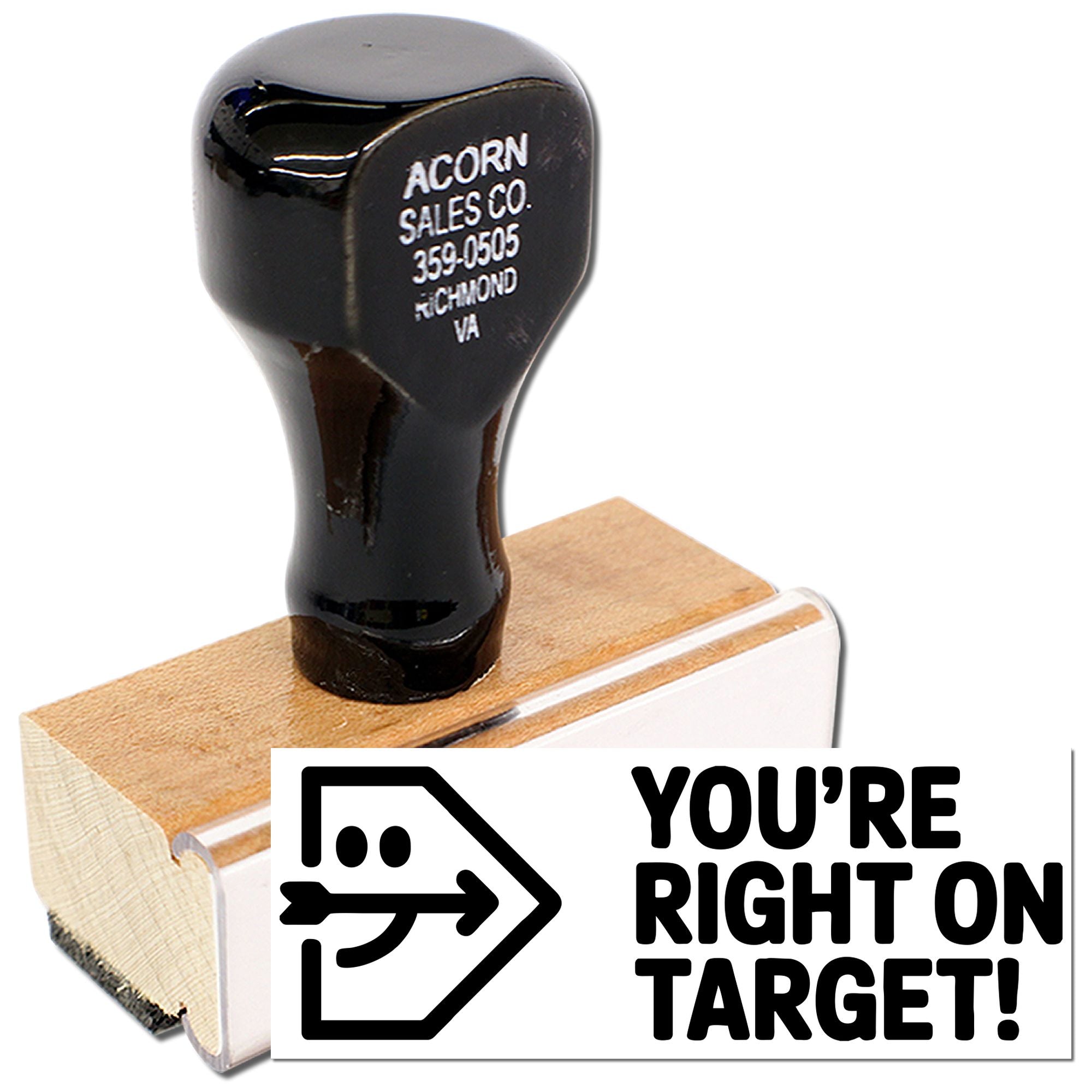 Custom rubber stamp with Acorn Sales Co. address and Youre right on target! message for branding, packaging, and promotions.