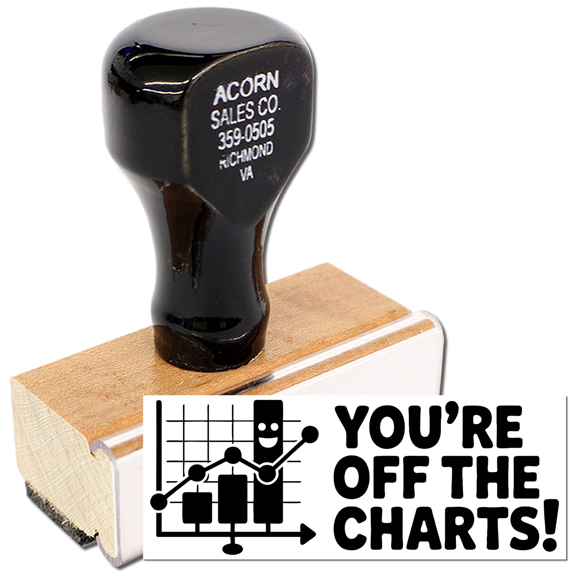 Custom rubber stamp with Youre off the charts! chart graphic for teacher rewards, office recognition, and achievement stamps.