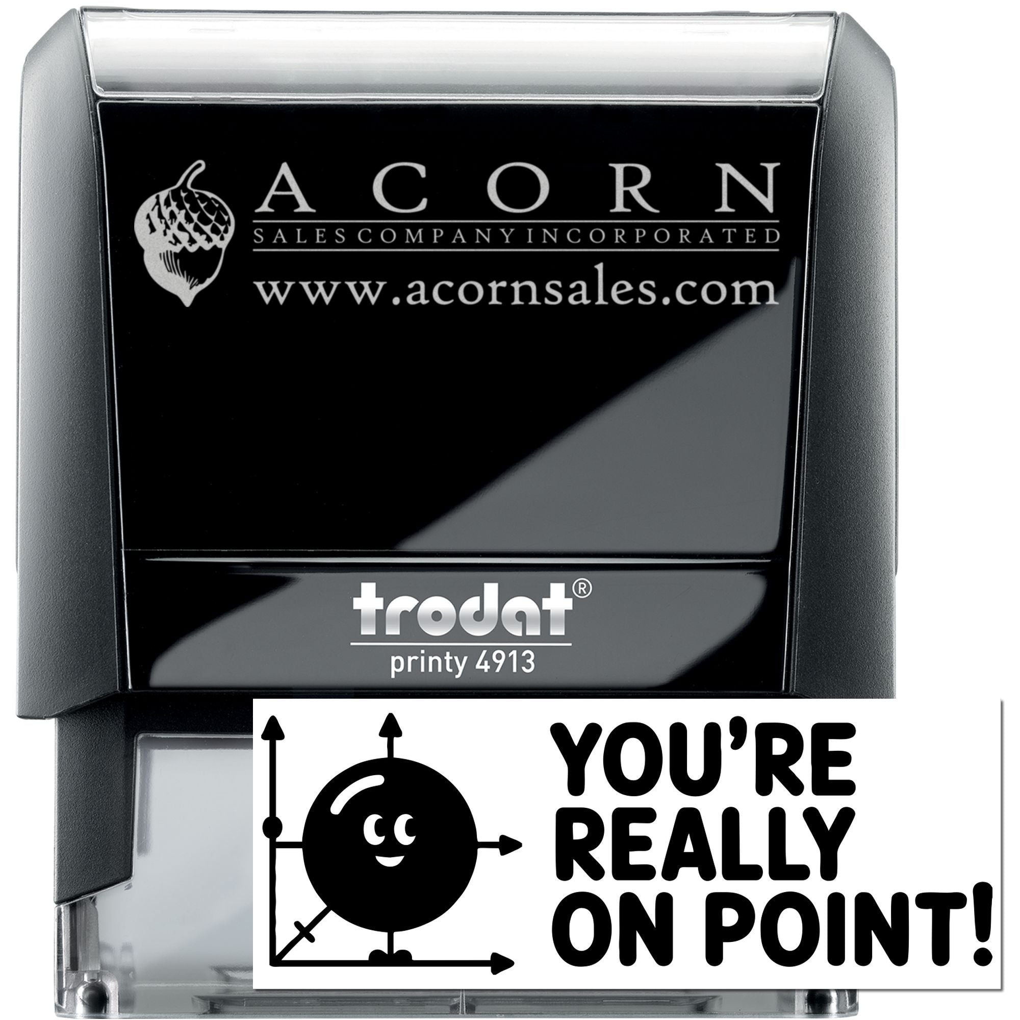Trodat Printy 4913 self-inking custom rubber stamp with Acorn Sales Company logo, website, and sample imprint.