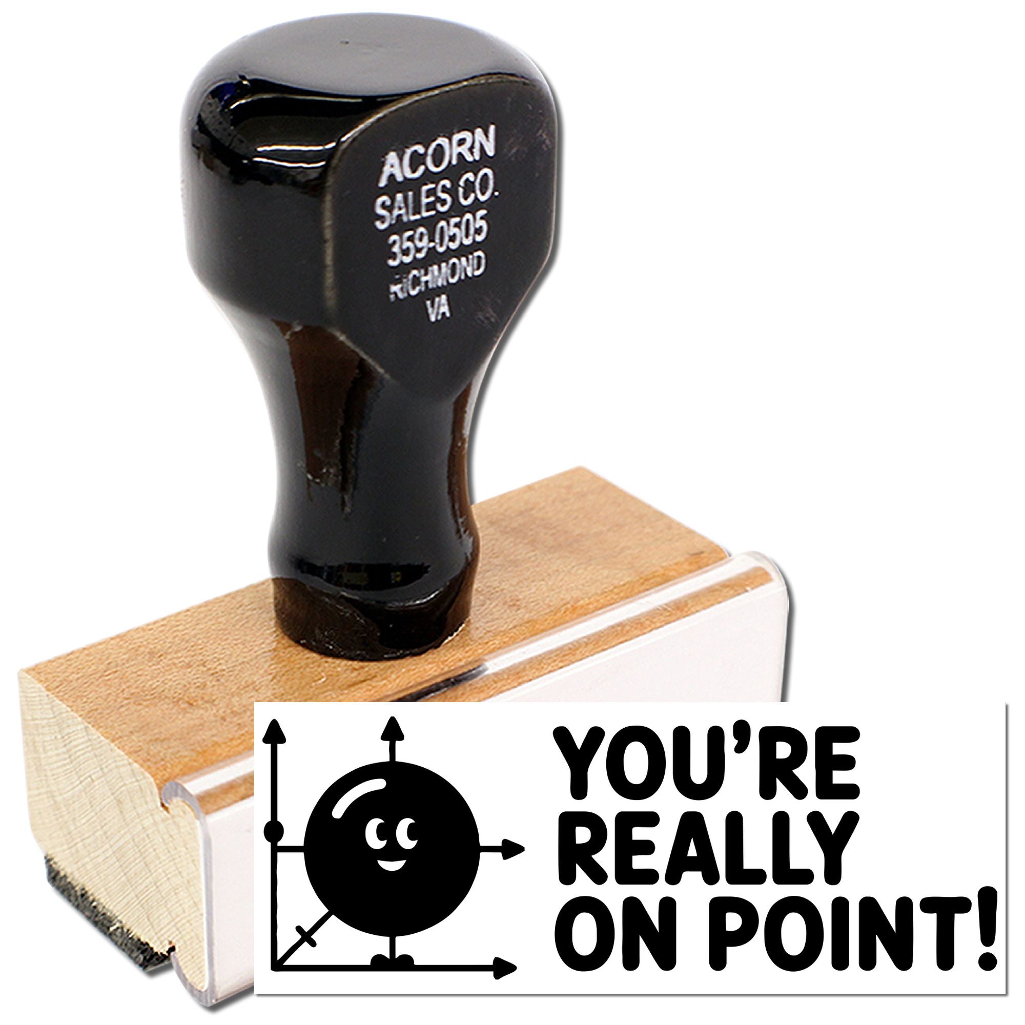 Personalized wooden rubber stamp with business address imprint and Youre really on point! logo for branding.