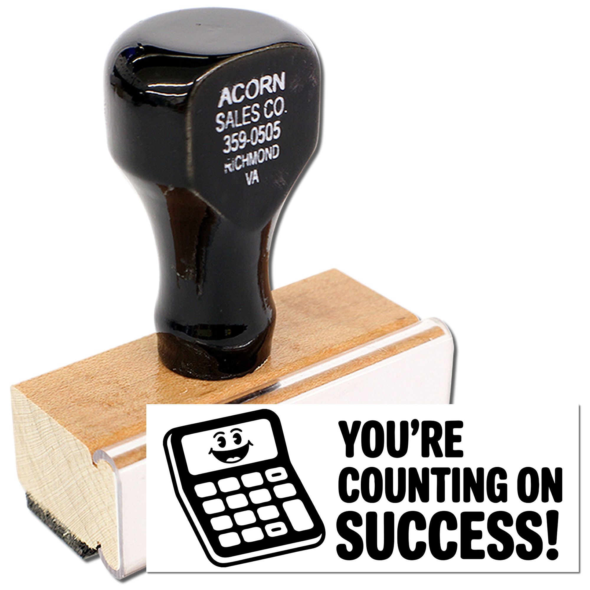 Custom rubber stamp with company name and address, plus calculator icon and Youre counting on success! slogan.