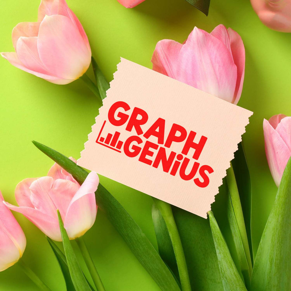 Custom rubber stamp design featuring GRAPH GENIUS logo on tulips, ideal for branding, stationery, and creative marketing.