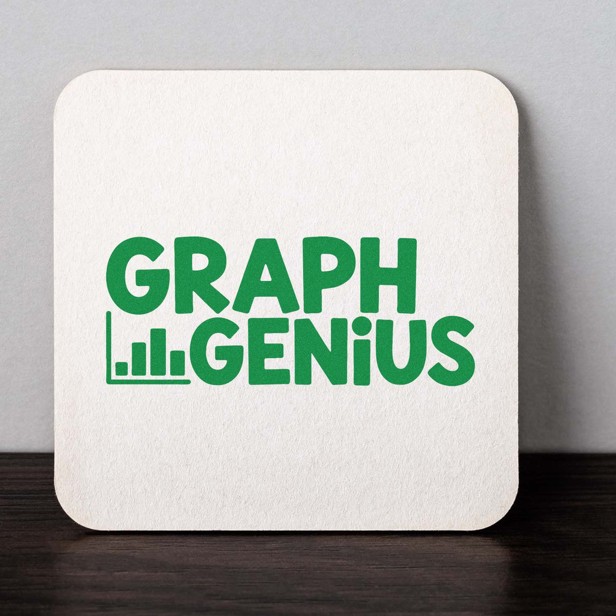 Custom rubber stamp design for Graph Genius with green chart icon and bold logo on textured paper