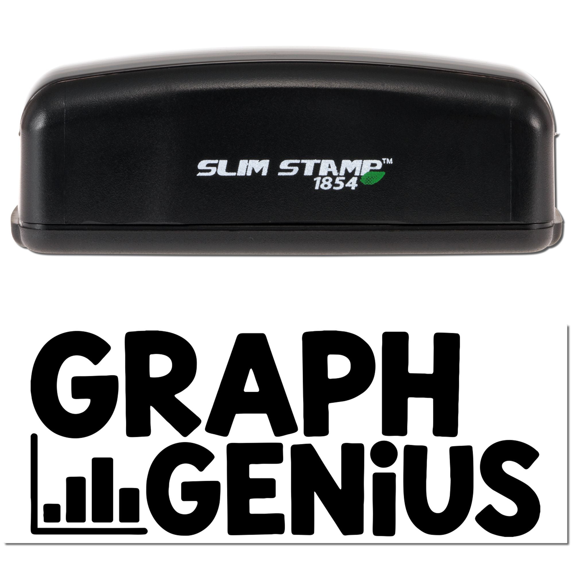 Slim Stamp 1854 self-inking rubber stamp with GraphiGenius logo imprint for custom business branding.