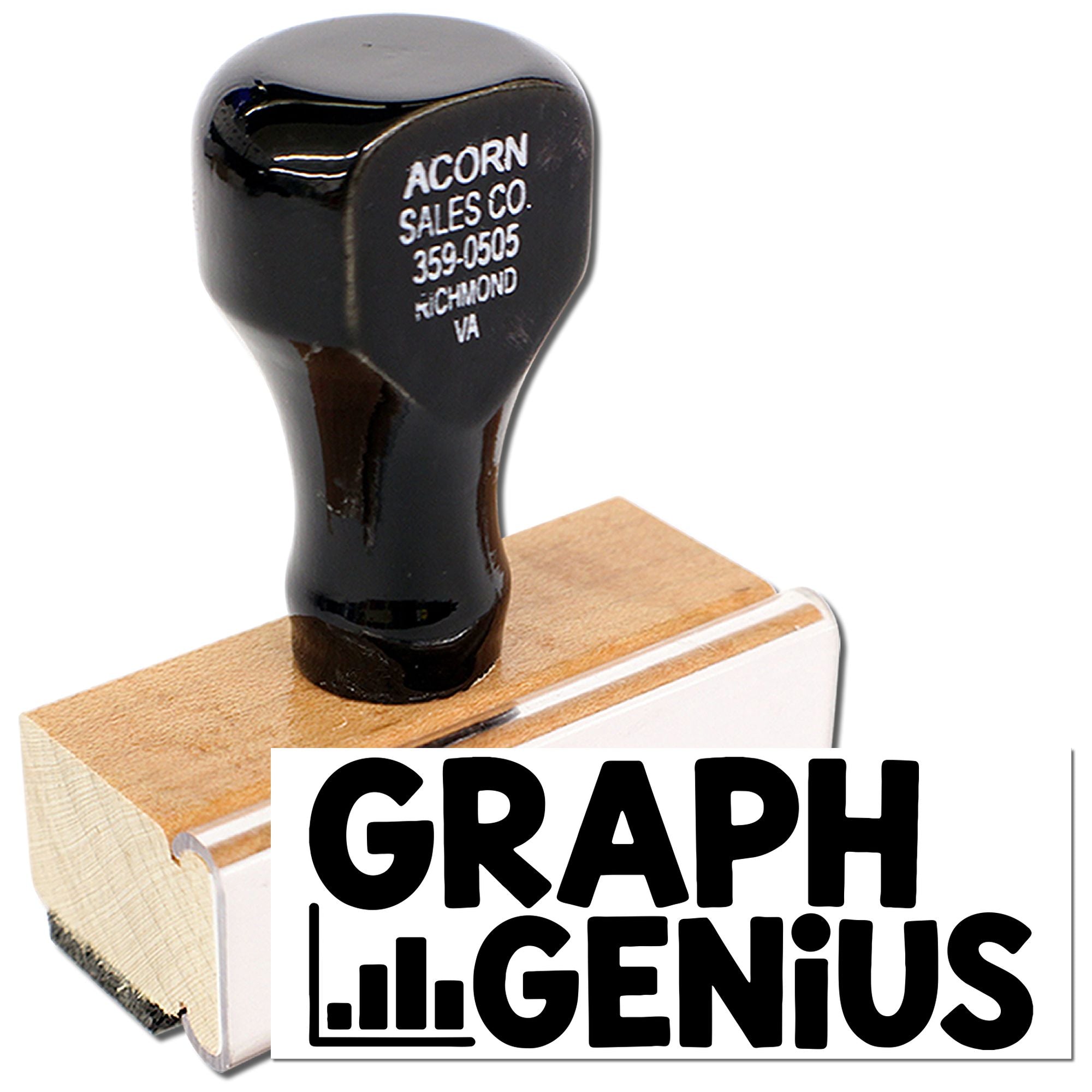 Custom rubber stamp with Graph Genius logo for branding documents, packaging, and promotional materials.