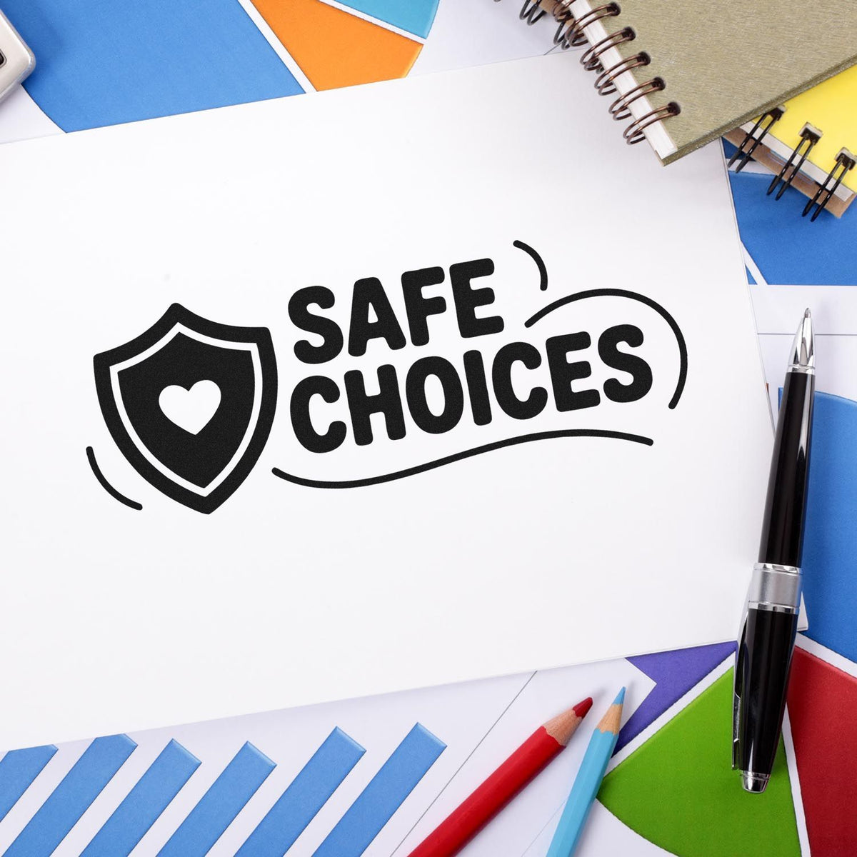 Safe Choices rubber stamp design with shield and heart icon, ideal for custom safety-themed stationery and branding.