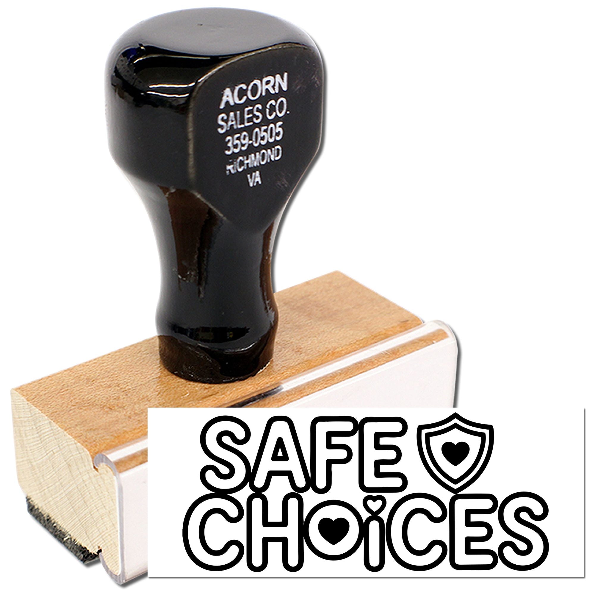 Custom rubber stamp for Safe Choices with shield heart logo, ideal for branding packaging and safe product labeling.