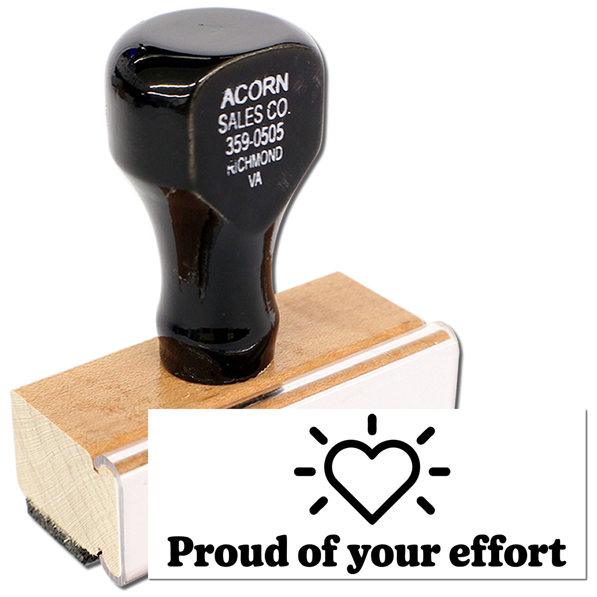 Wooden custom rubber stamp with business address and Proud of your effort design for branding and recognition.