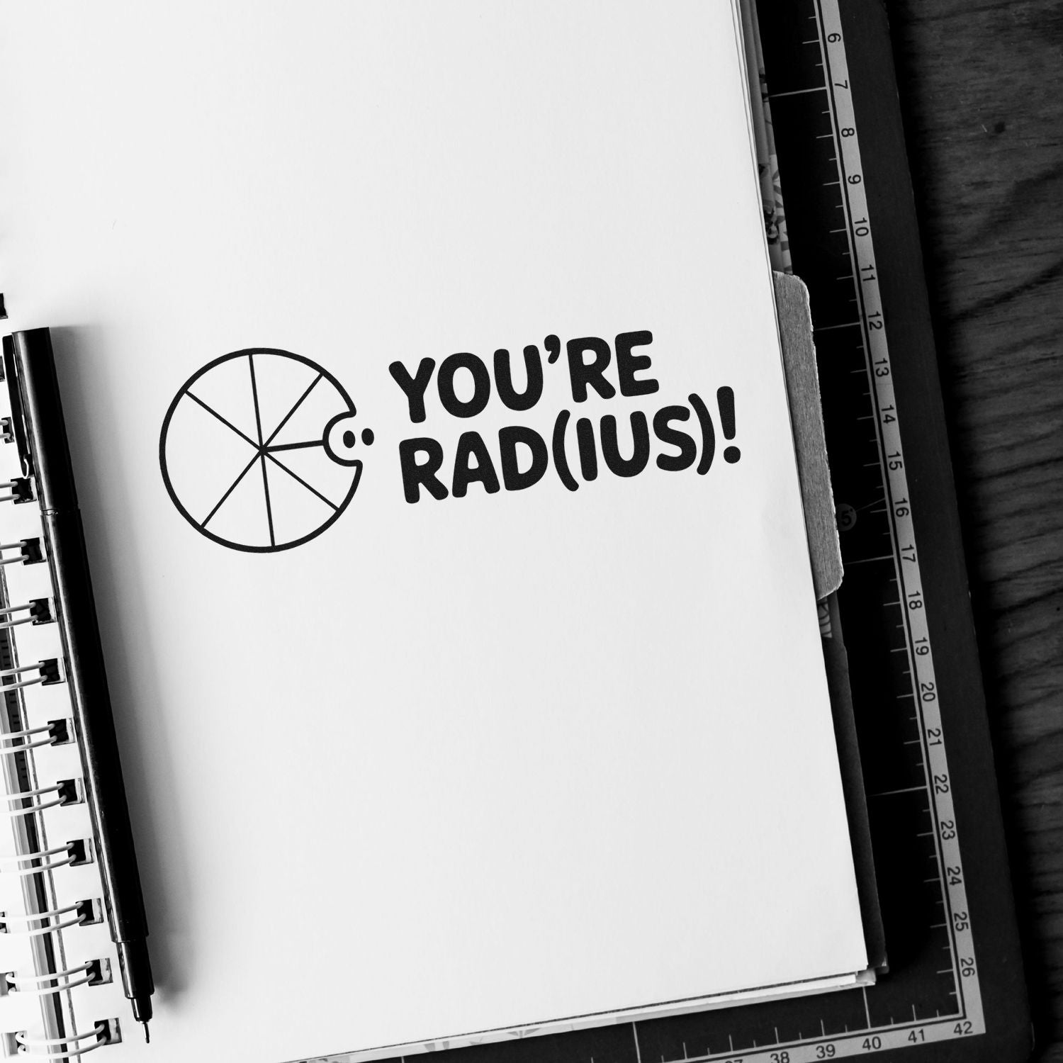 Funny rubber stamp design with YOURE RAD(IUS)! math pun on a notebook page for teachers, planners, and journals.