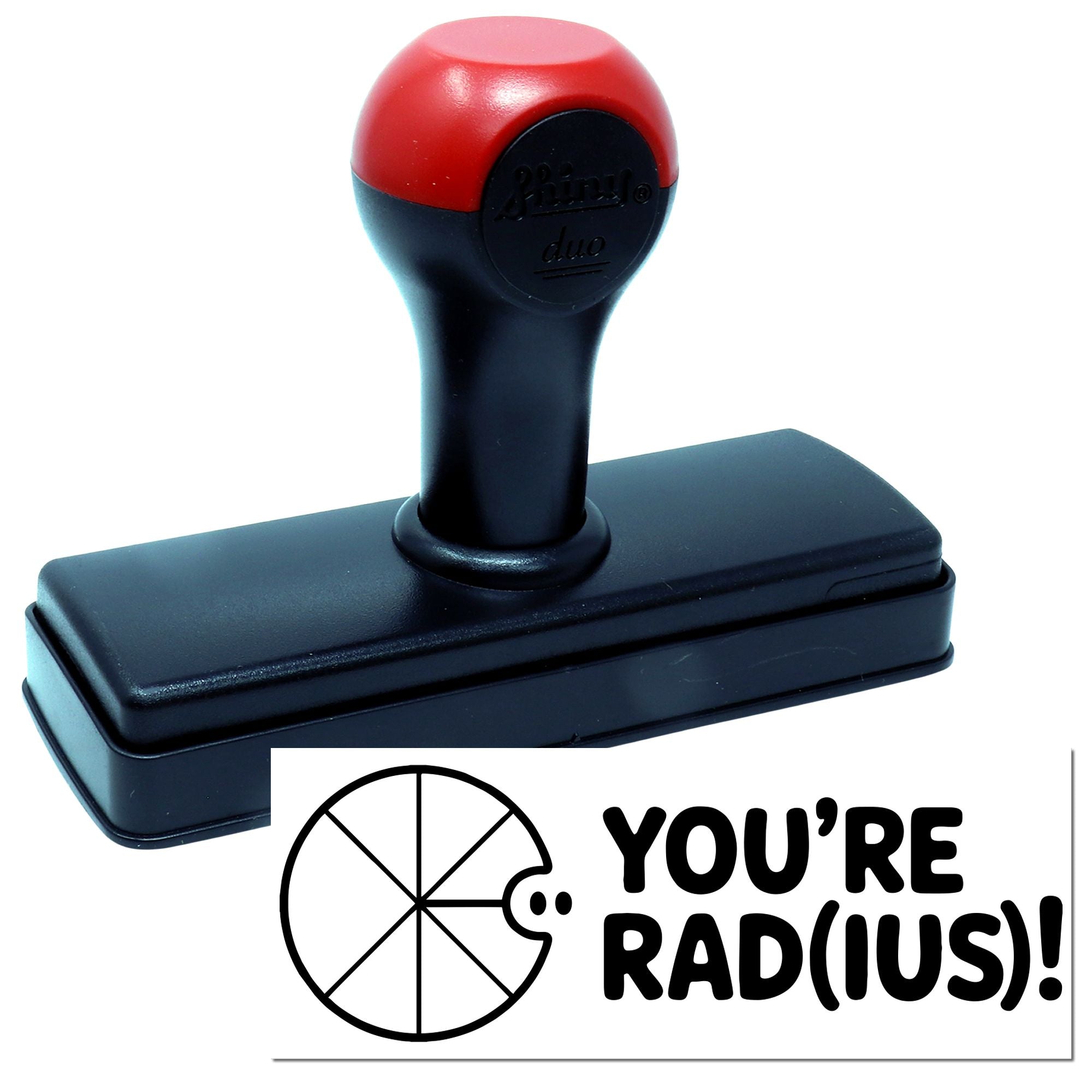 Custom self-inking rubber stamp with YOURE RAD(US)! imprint for fun branding, crafts, and office use.