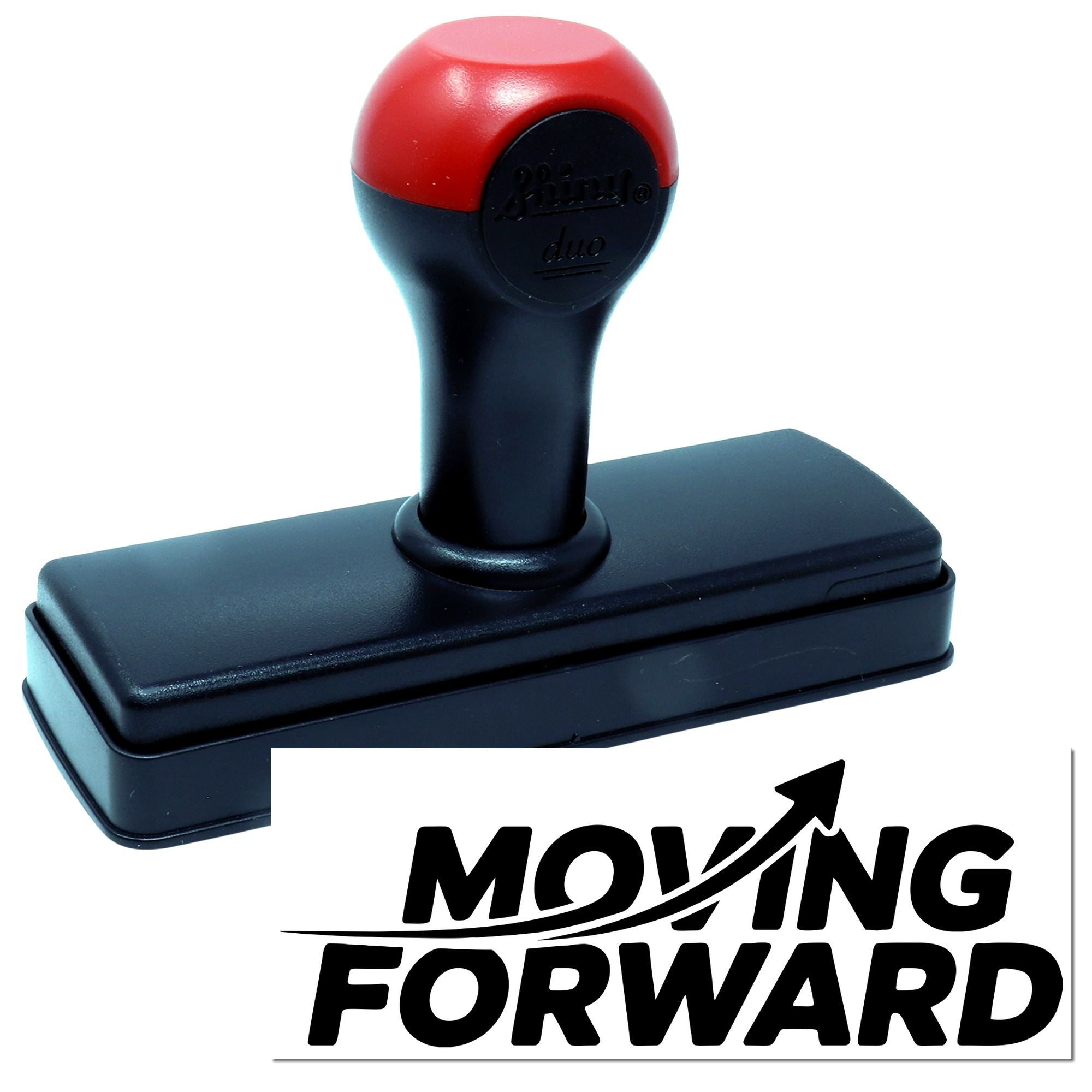 Custom self-inking rubber stamp with Moving Forward logo and arrow for business branding and document marking.
