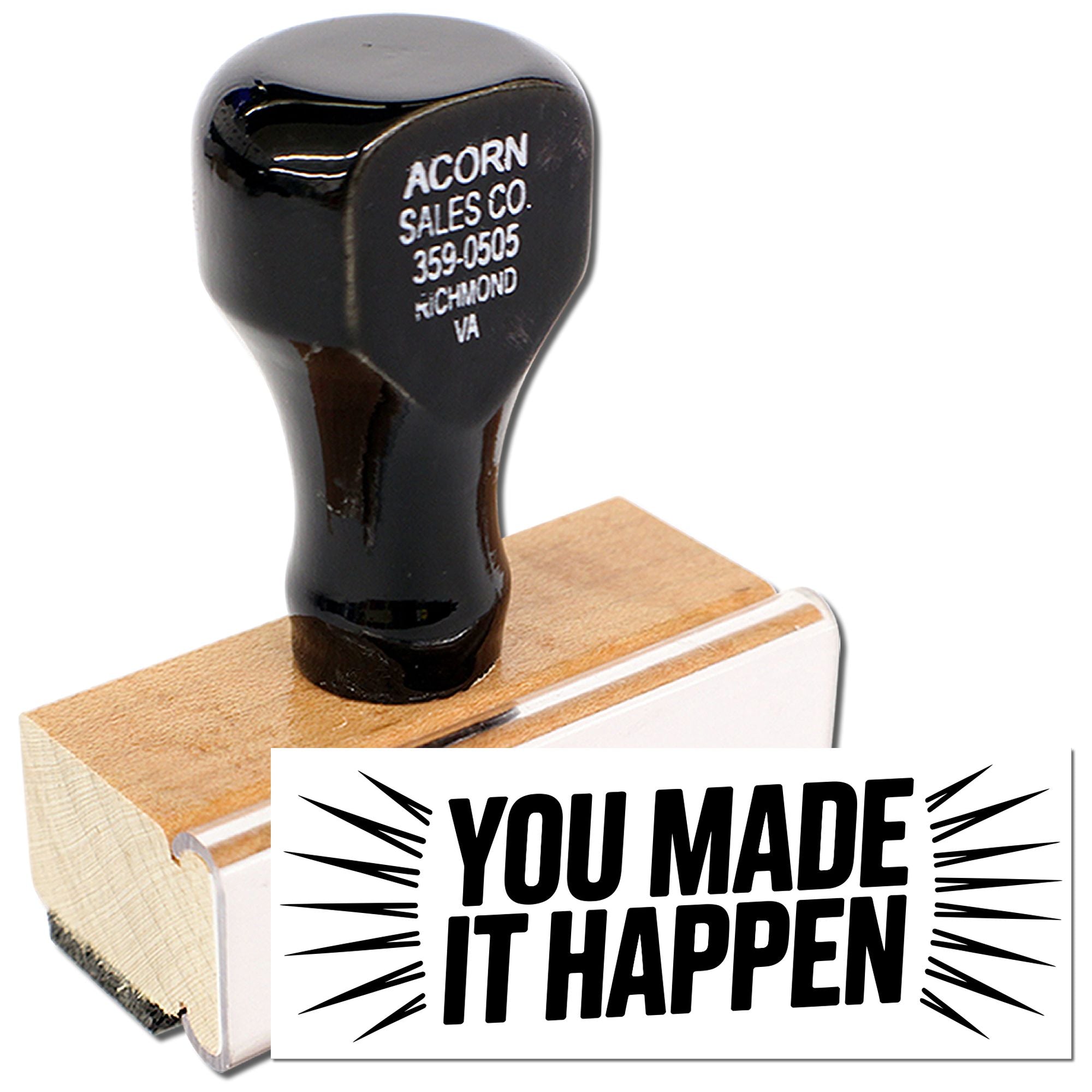 Custom rubber stamp with You Made It Happen message, wooden handle, ideal for motivational business packaging and branding.