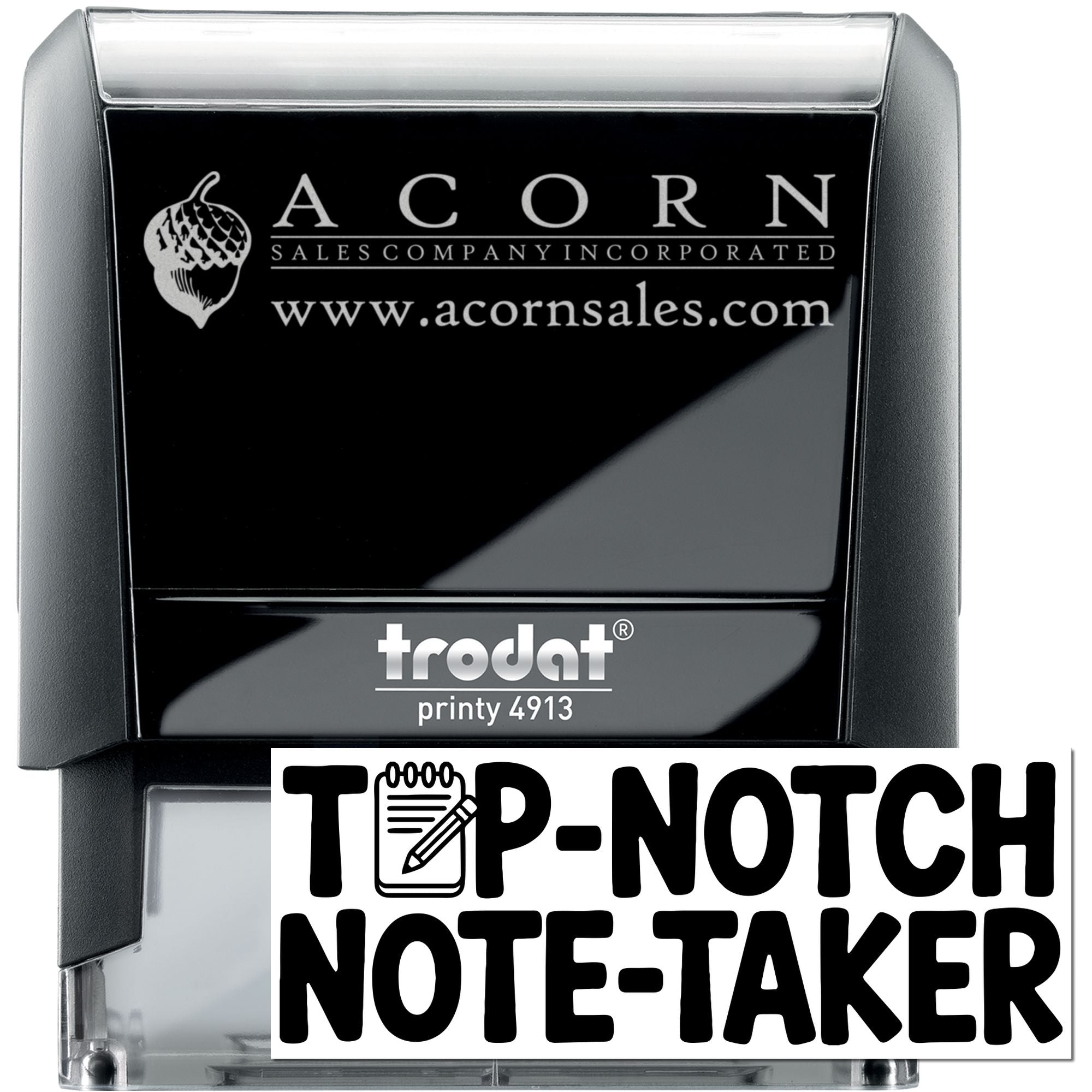 Custom self-inking rubber stamp with Acorn Sales logo and Top-Notch Note-Taker design, Trodat Printy 4913.