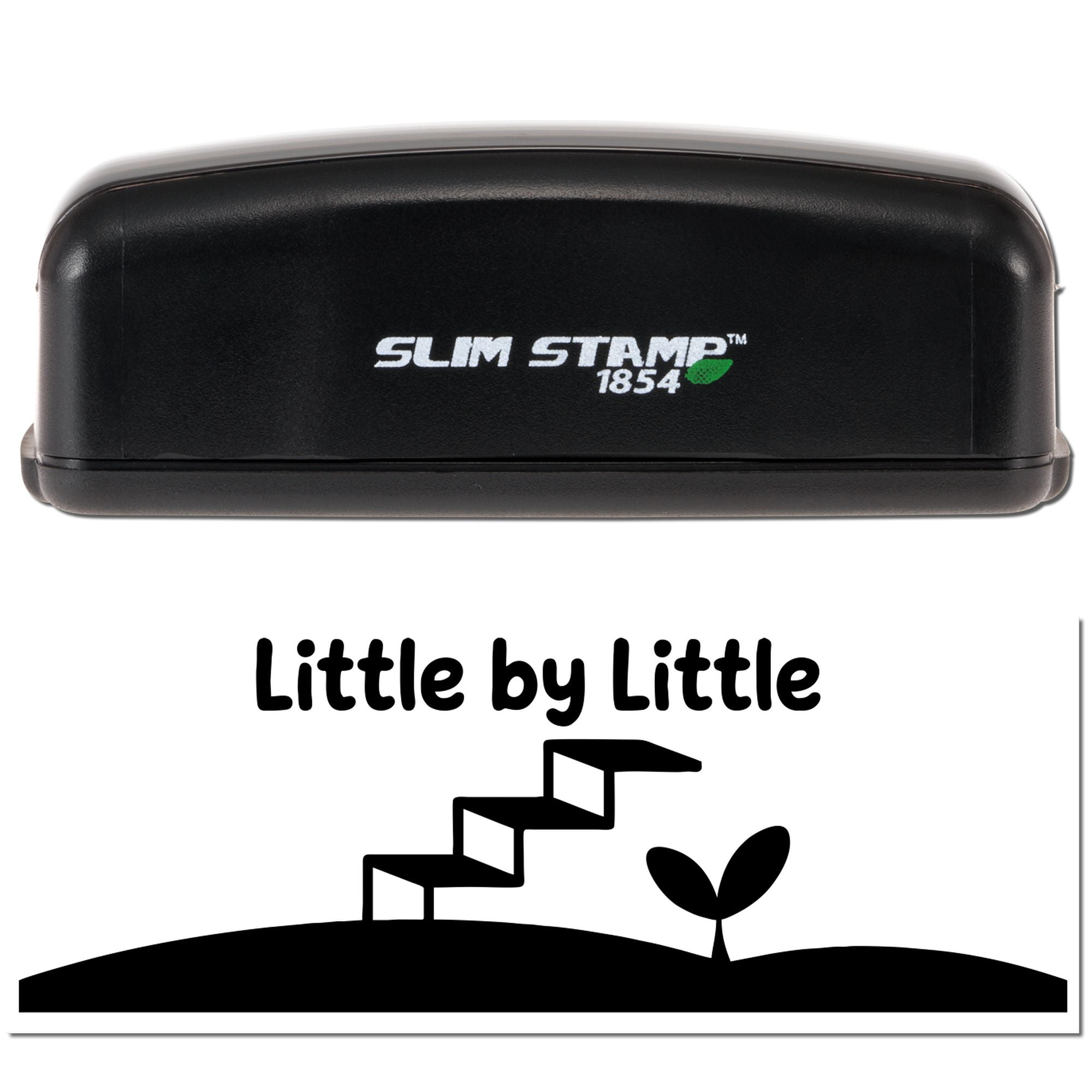 Slim Stamp 1854 rubber stamp with Little by Little inspirational design for crafting, journaling, and custom stamping.