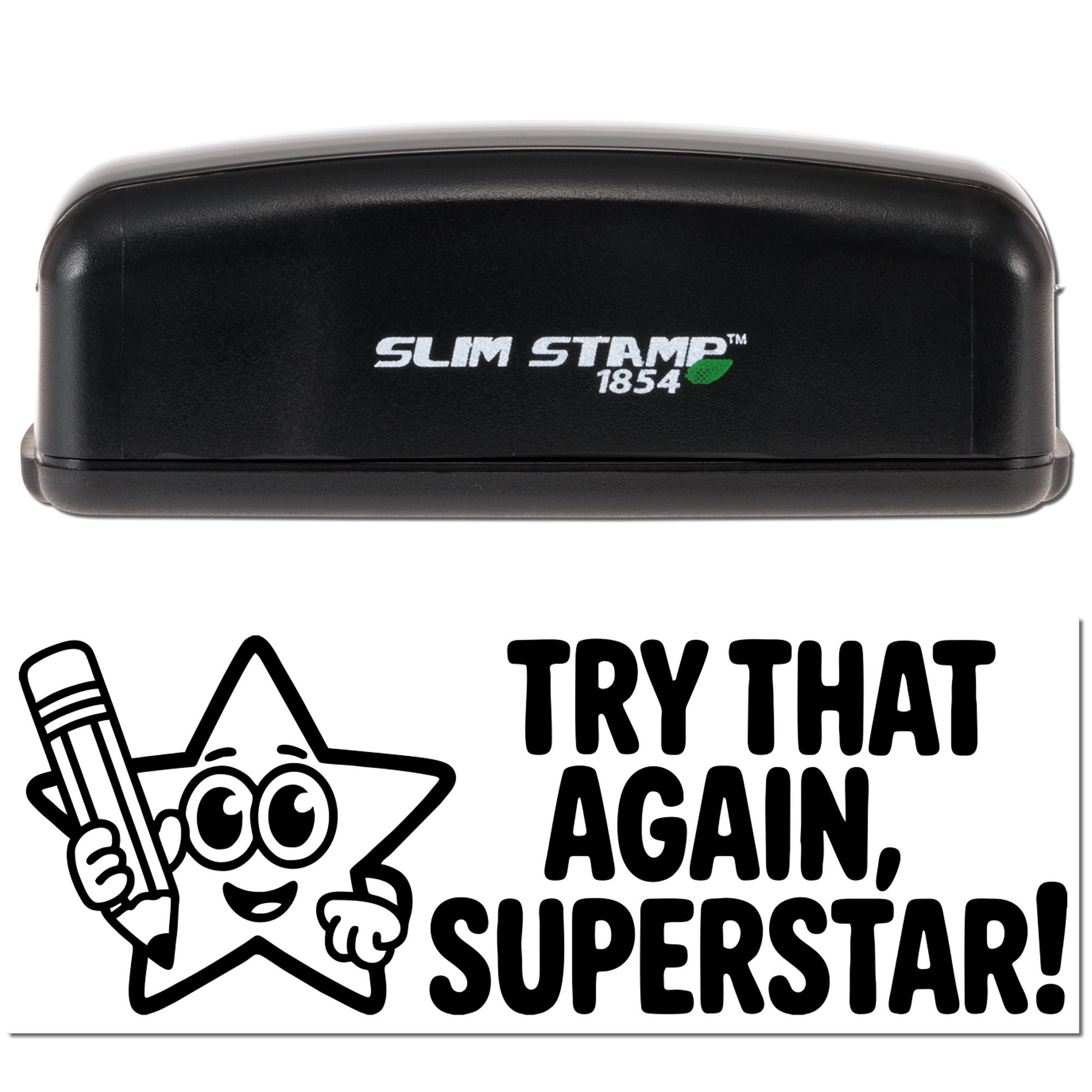Slim Stamp 1854 rubber stamp featuring Try That Again, Superstar! cartoon star design.