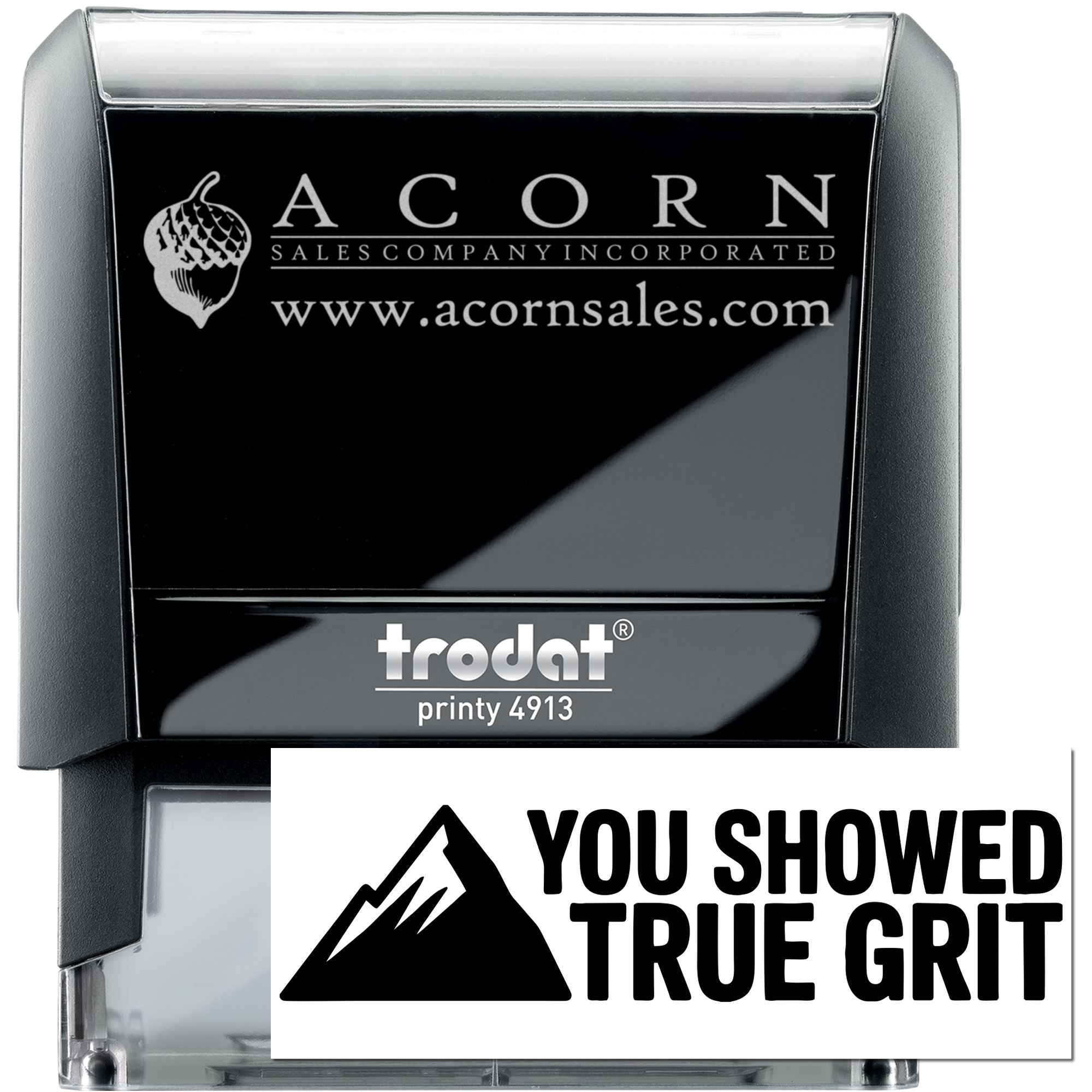 Custom self-inking rubber stamp, Trodat Printy 4913, with Acorn Sales logo and website imprint.