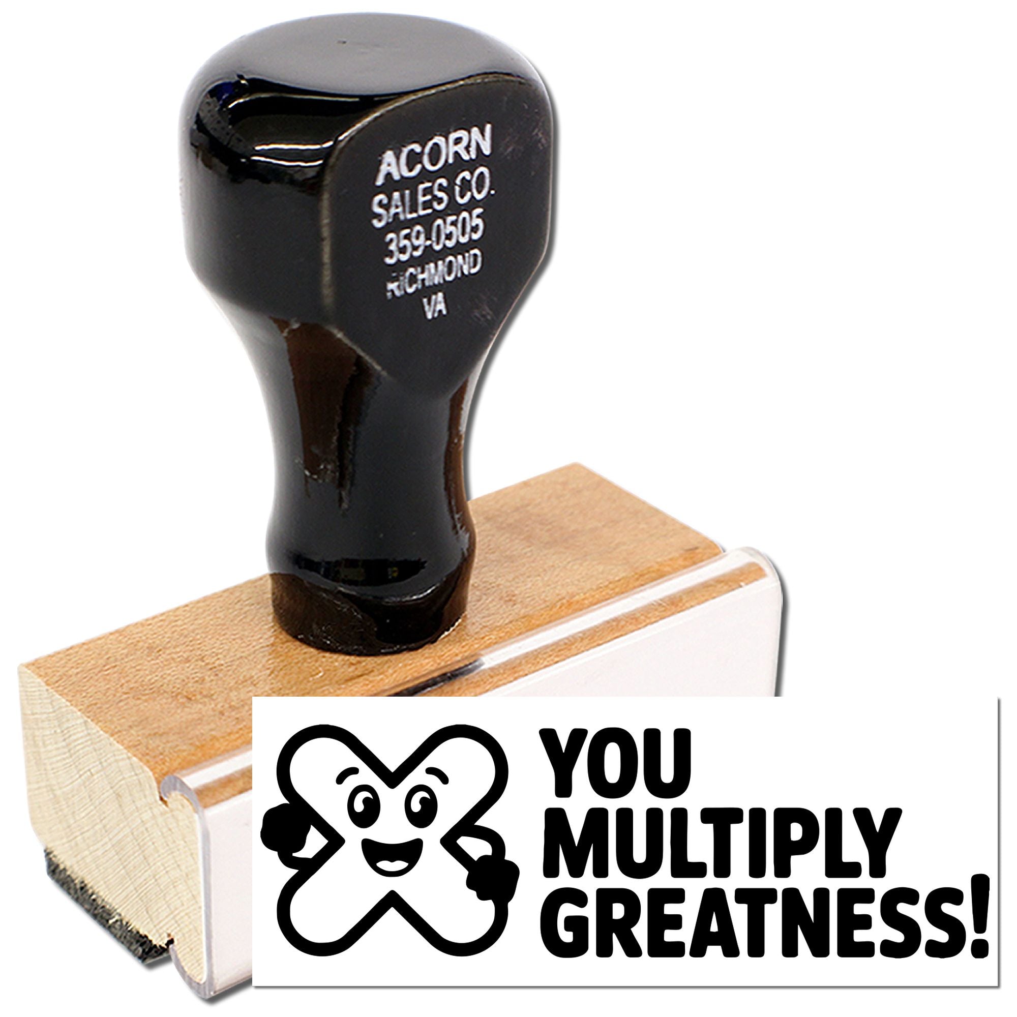 Custom wooden rubber stamp for business branding, shown with sample imprint and You Multiply Greatness! design.