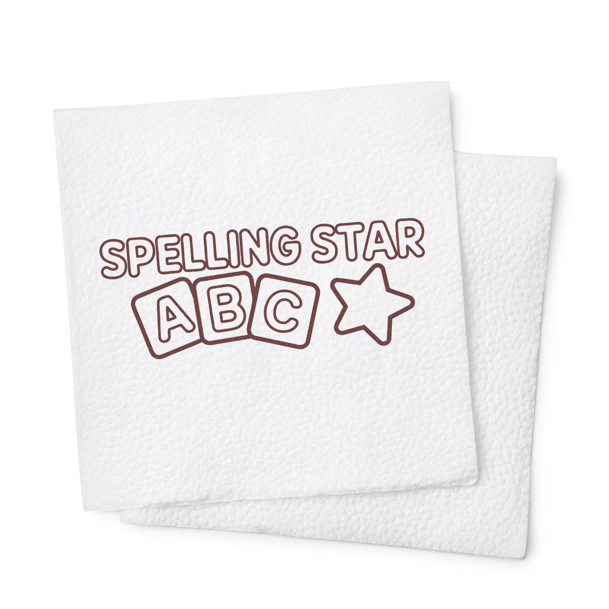 Custom rubber stamp for spelling star classroom reward, with ABC blocks and star icon on textured paper.