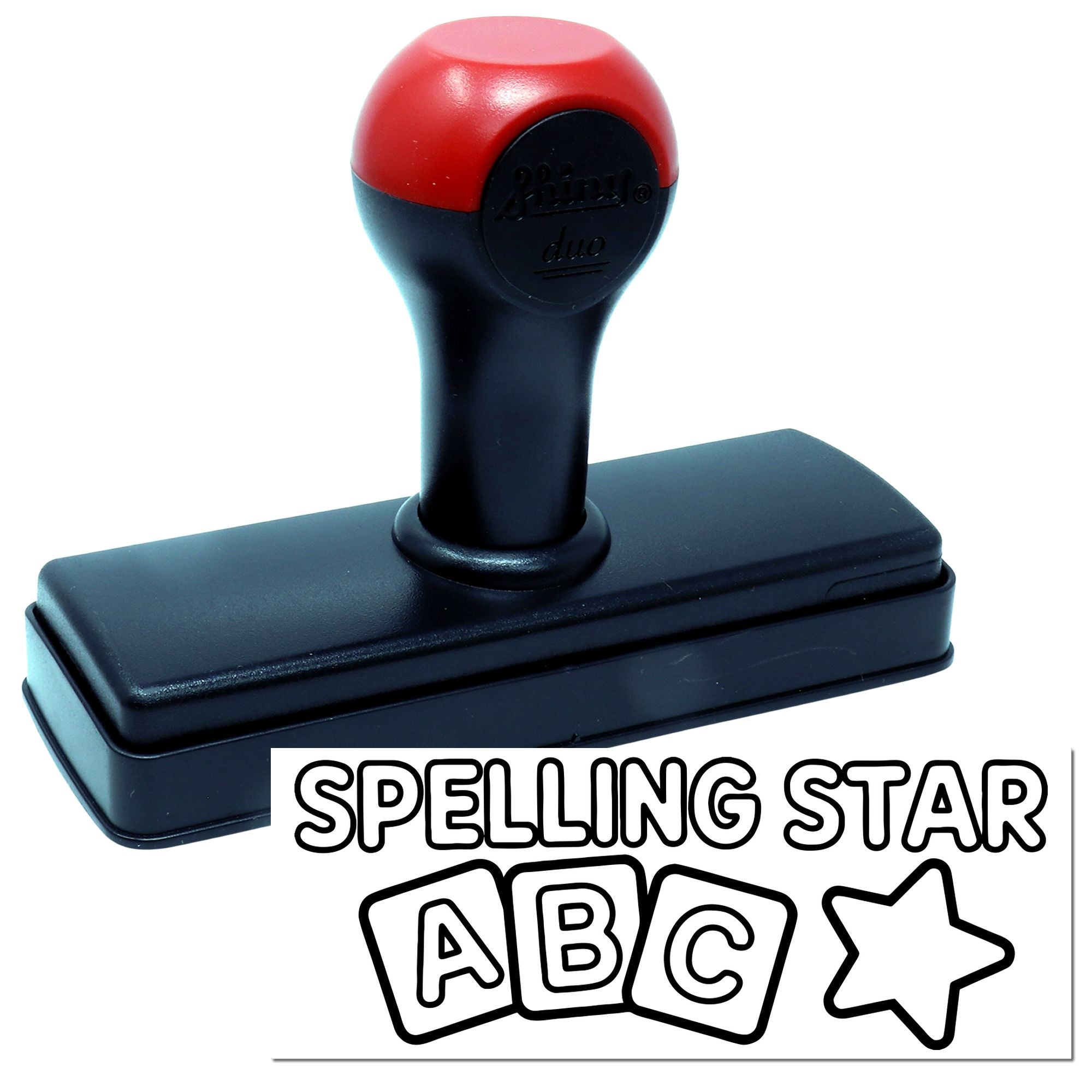 Self-inking rubber stamp with Spelling Star ABC and star design, ideal for custom school reward stamps.