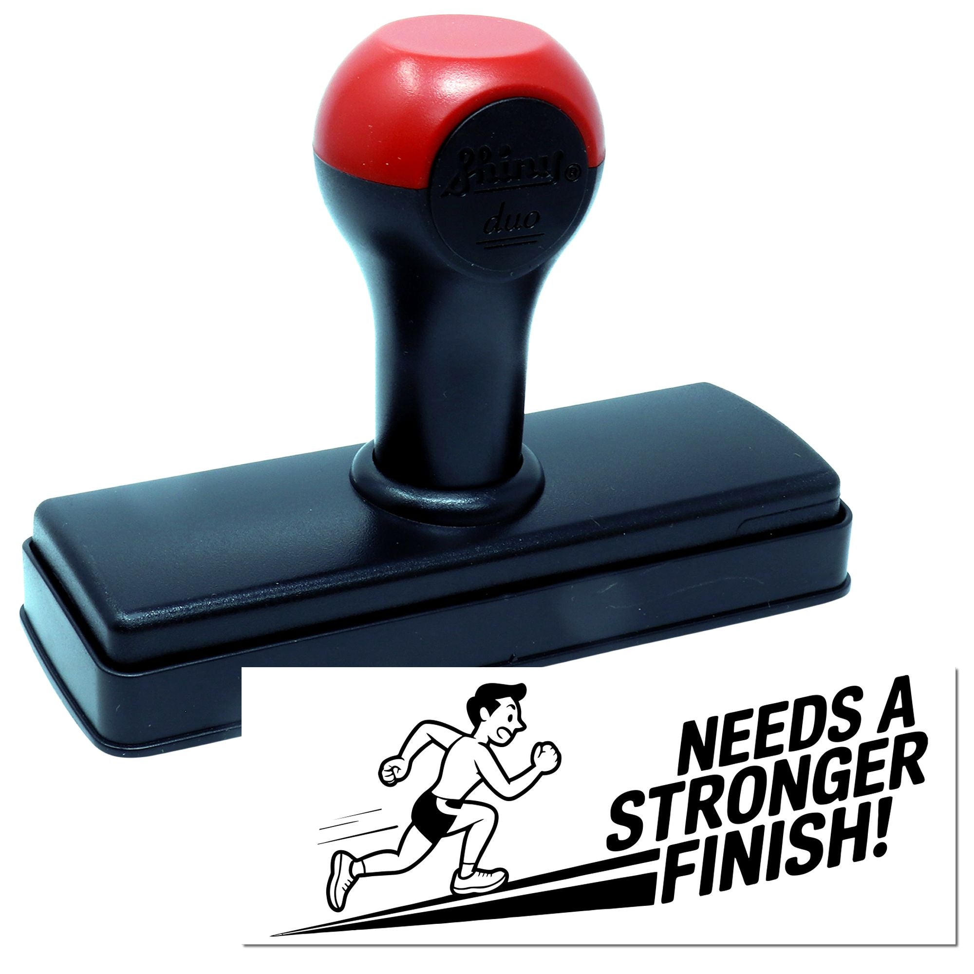 Self-inking rubber stamp with Needs a Stronger Finish! runner design impression for race results and motivational messaging