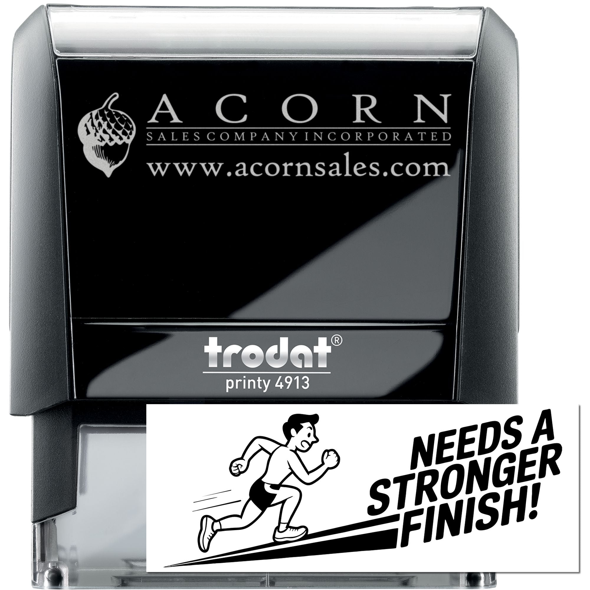 Custom self-inking rubber stamp, Trodat Printy 4913, featuring Acorn Sales Company logo and website imprint.