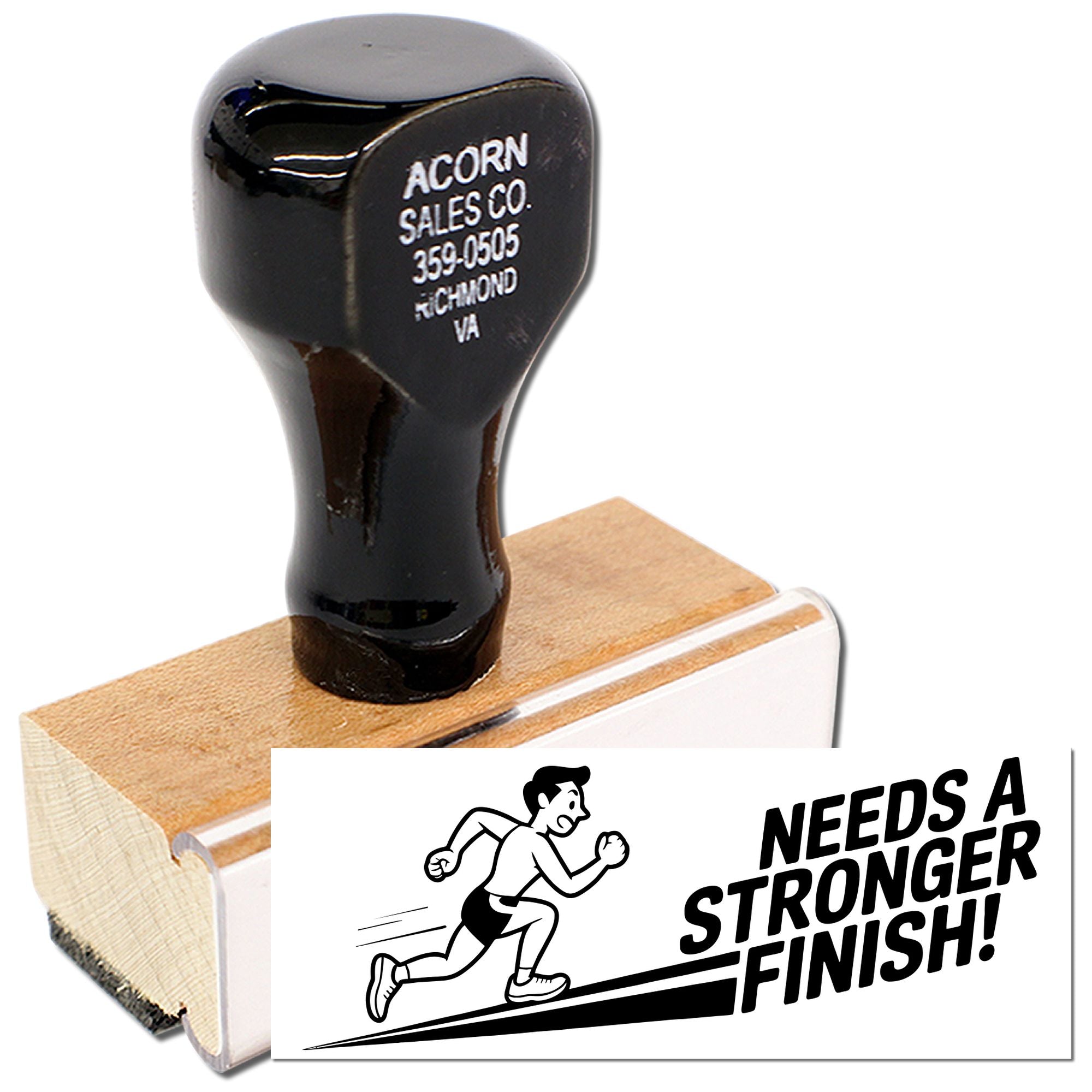 Custom rubber stamp with runner graphic and Needs a stronger finish! text for track meet awards and motivational stamping.