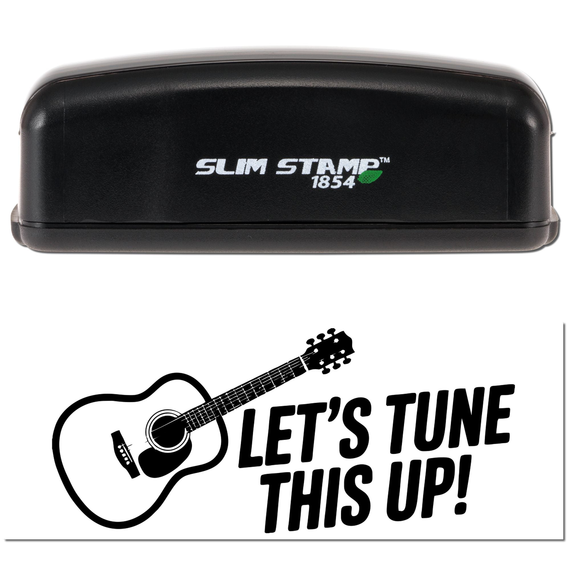 Slim Stamp 1854 rubber stamp with guitar design and Lets Tune This Up! music-themed imprint.