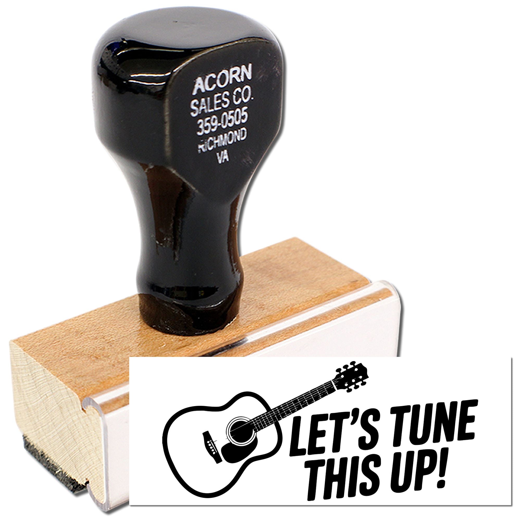 Custom guitar repair rubber stamp with Lets Tune This Up! and acoustic guitar logo for music shop promotions.