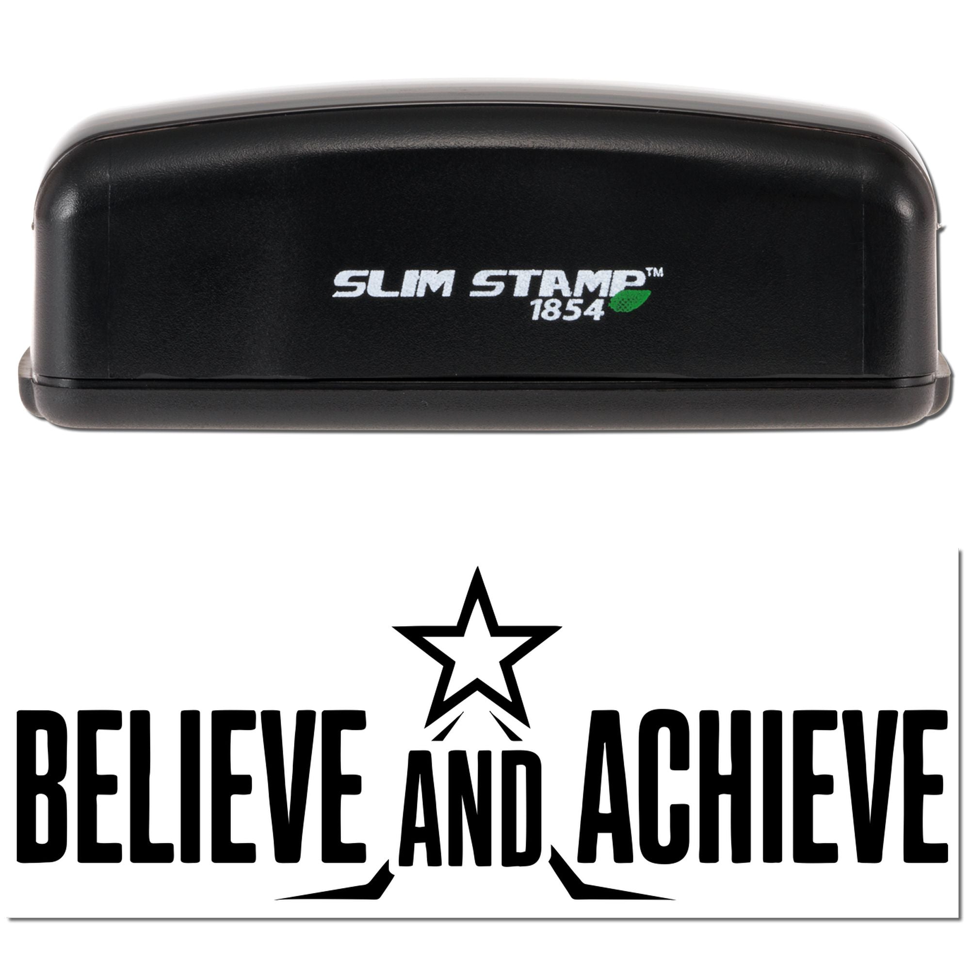 Slim Stamp 1854 self-inking rubber stamp with Believe and Achieve motivational imprint for custom branding