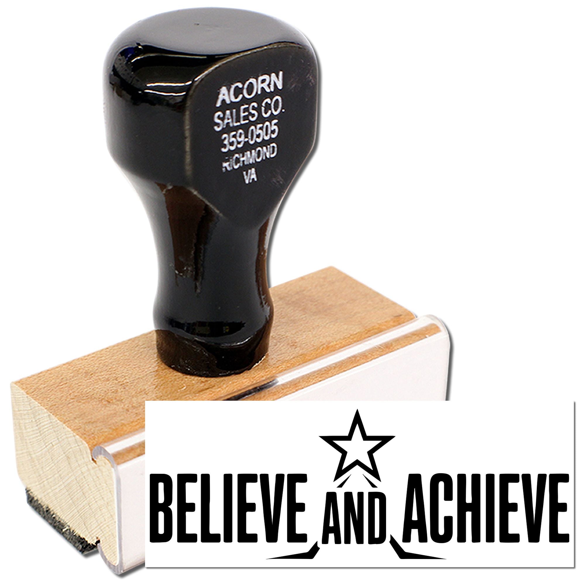 Custom wooden rubber stamp with handle featuring Believe and Achieve star design for business, office, or craft use.