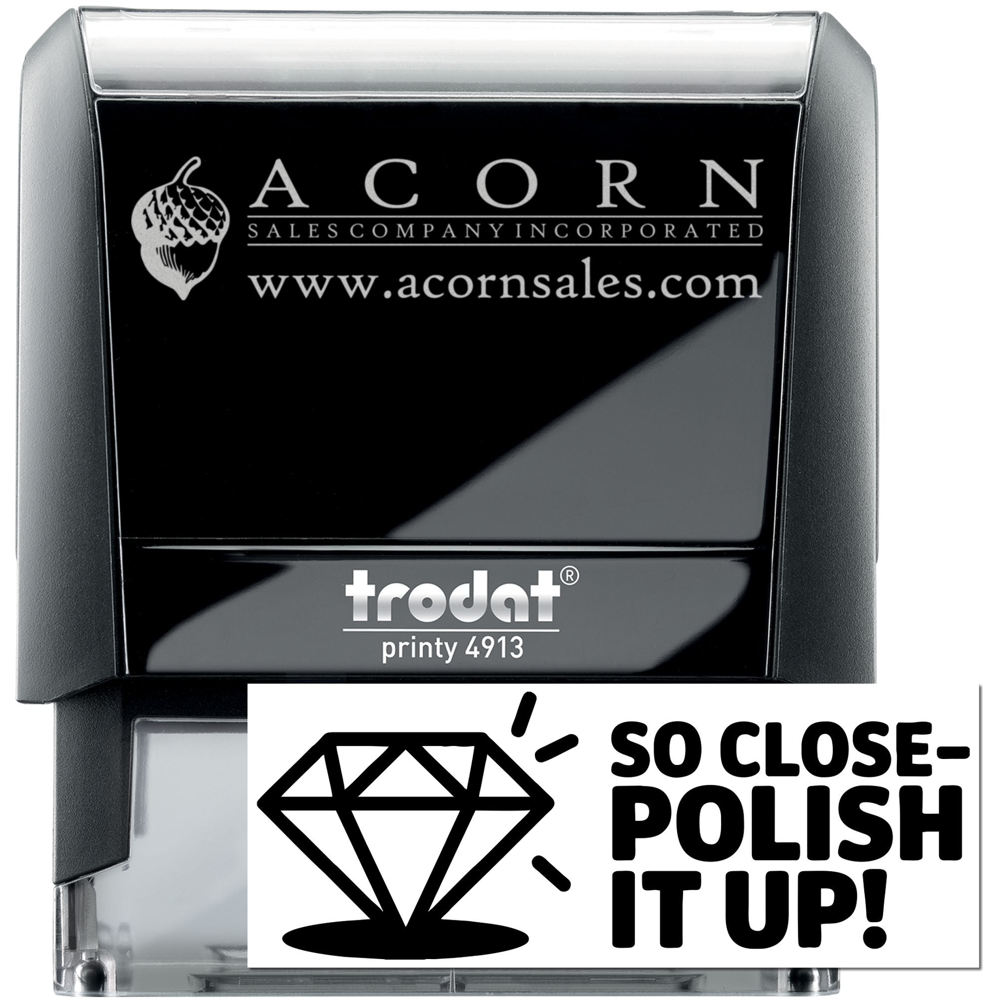 Custom self-inking rubber stamp with Acorn Sales logo and website, Trodat Printy 4913, for branding and business use.