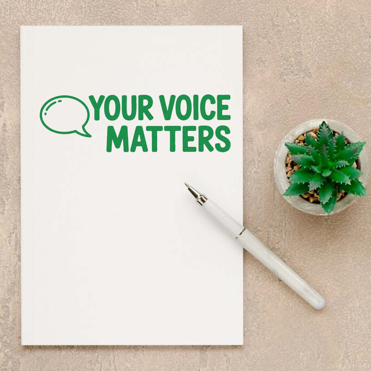 Your Voice Matters rubber stamp design with speech bubble, ideal for advocacy, awareness, and custom stationery.