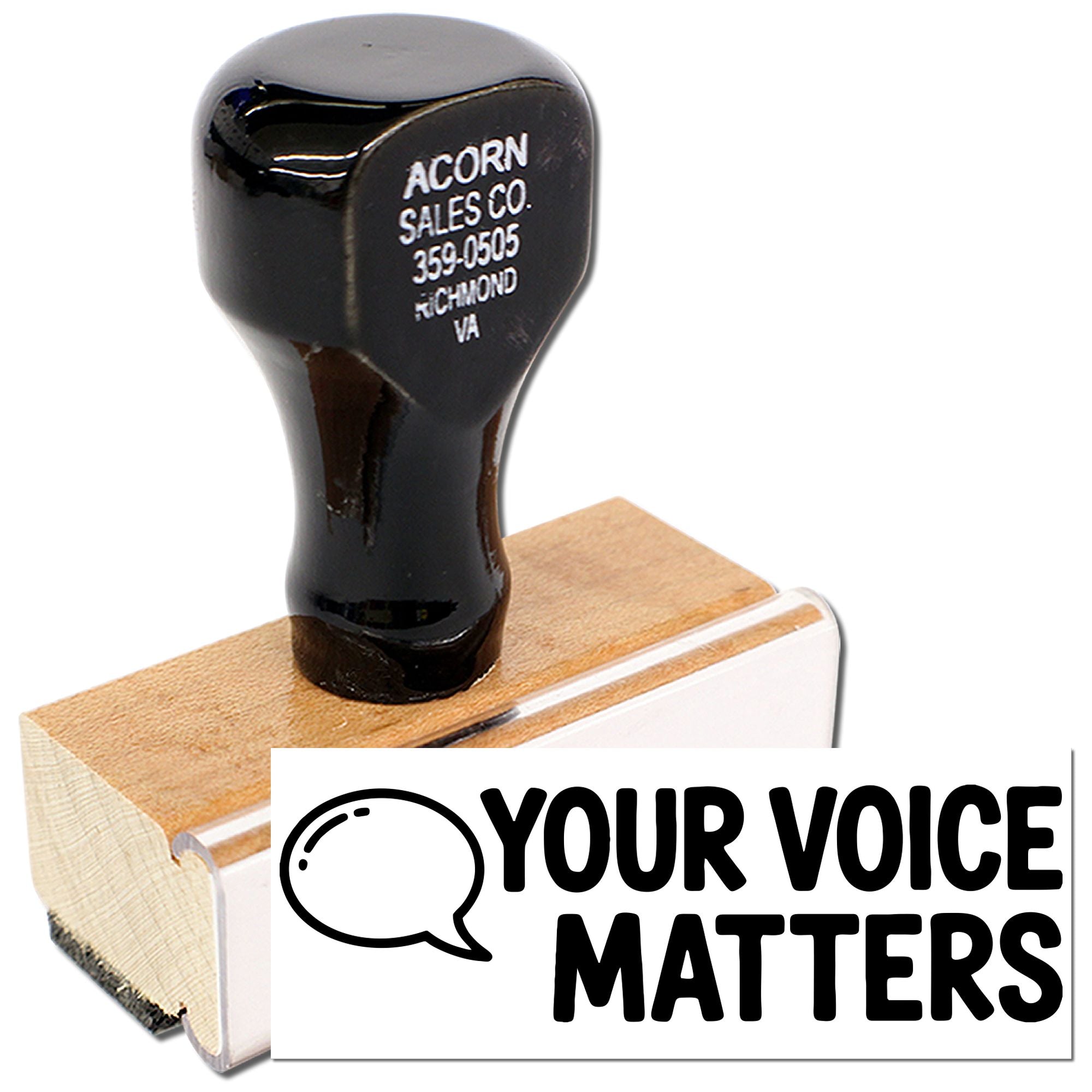 Personalized rubber stamp with wooden handle and Your Voice Matters design for advocacy, voter outreach, and branding.