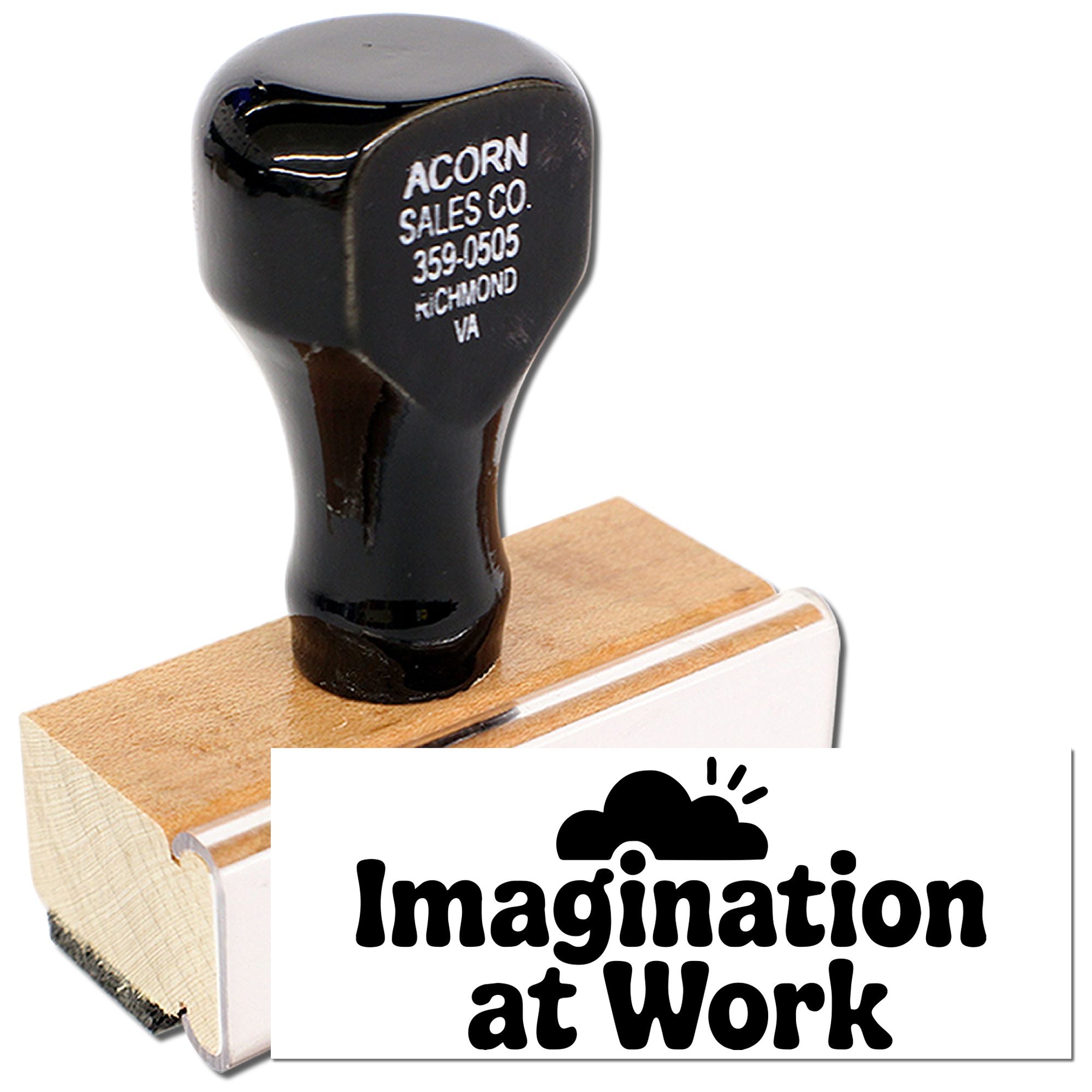 Custom rubber stamp with Imagination at Work logo, wood-mounted for office branding and promotional use.