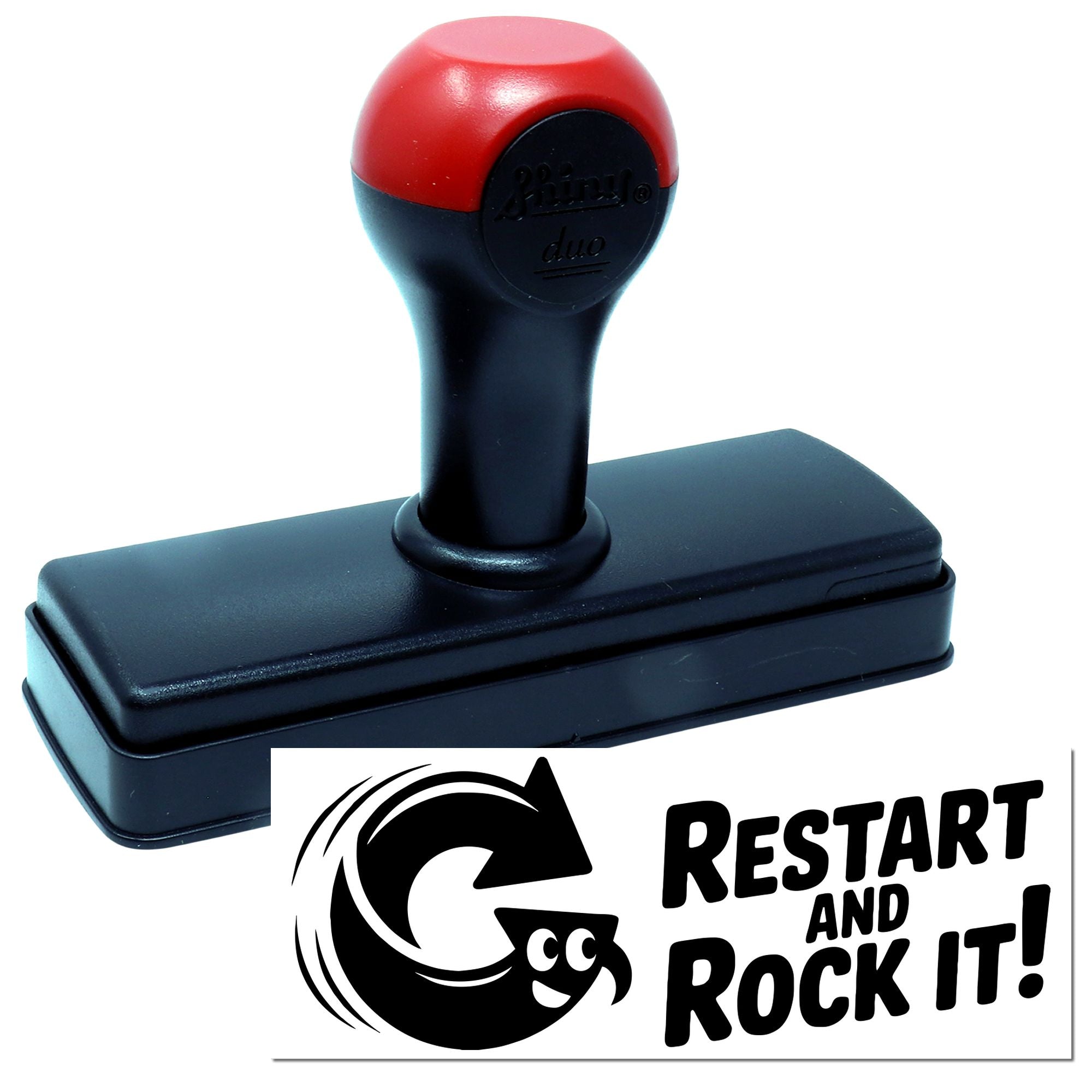 Custom self-inking rubber stamp with Restart and Rock It! design for branding, packaging, and promotional use.