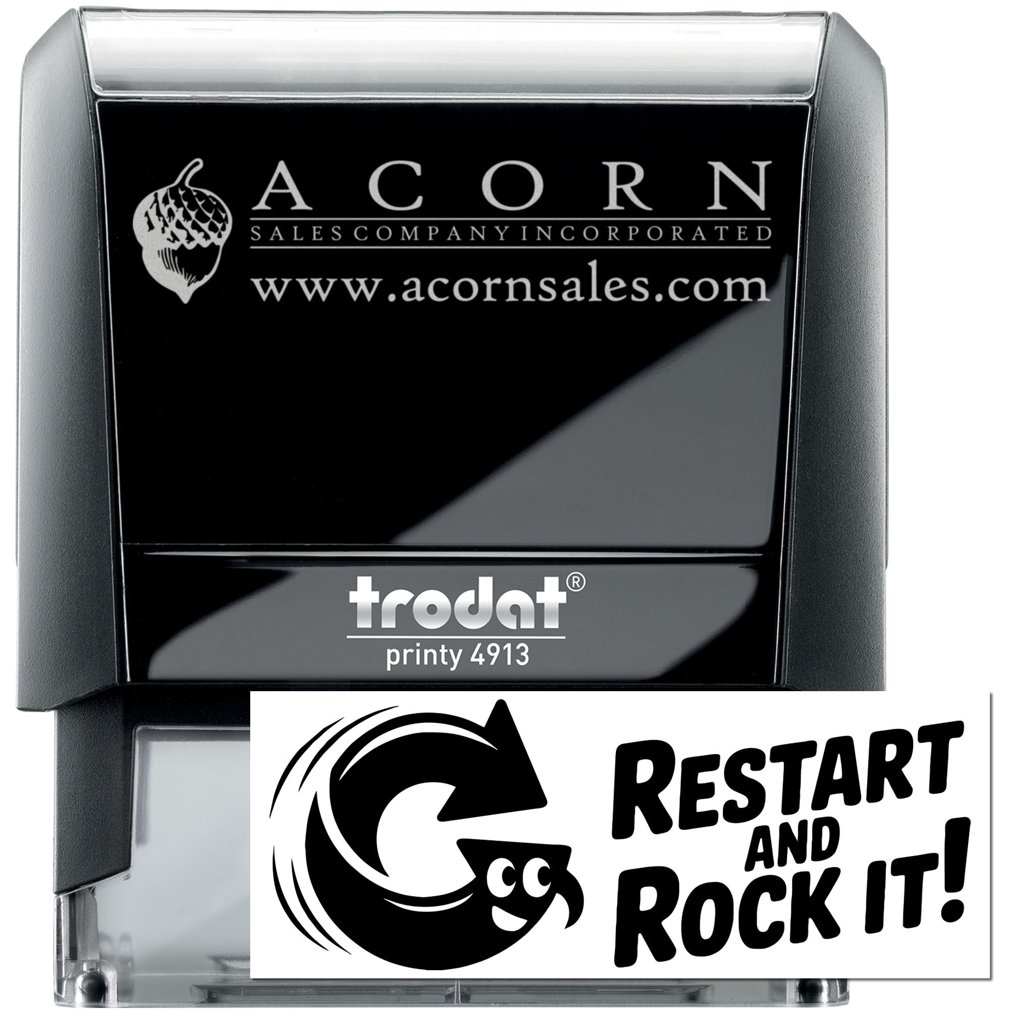 Custom Trodat Printy 4913 self-inking rubber stamp with Acorn Sales Company logo and website for business branding.