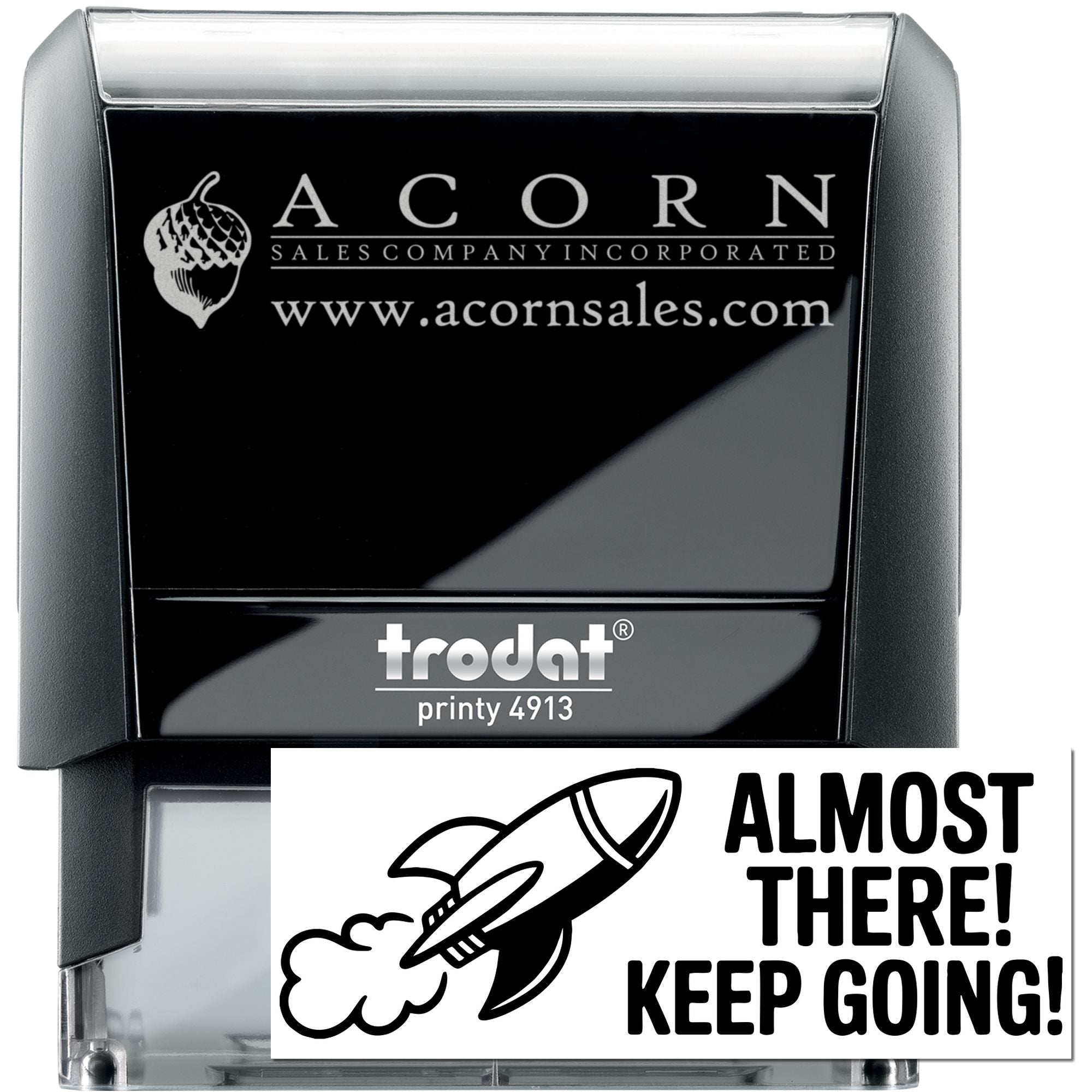 Custom self-inking rubber stamp for Acorn Sales with logo, website, and rocket graphic on Trodat Printy 4913.