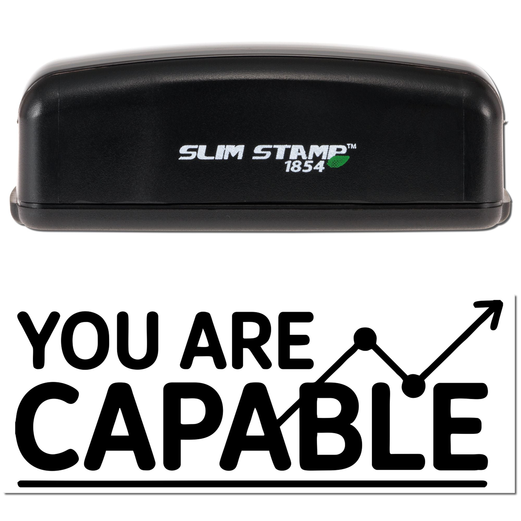 Slim Stamp 1854 rubber stamp with You Are Capable motivational message and upward growth icon.